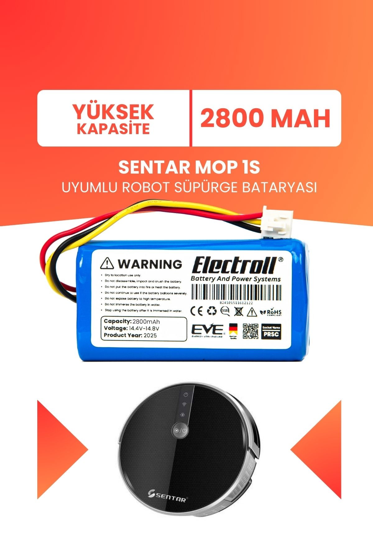 Sentar Mop 1S Uyumlu Batarya (YÜKSEK KAPASİTE) 2800mah Pil Robot Süpürge Batarya Değişimi