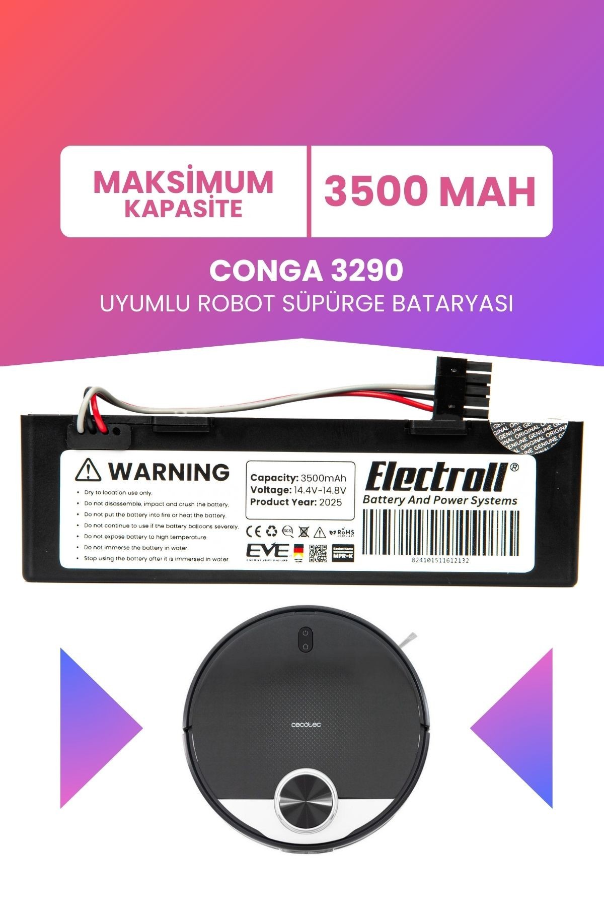 Conga 3290 Uyumlu Batarya (MAKSİMUM KAPASİTE) 3500mah Pil Kutulu Robot Süpürge Bataryası Değişimi