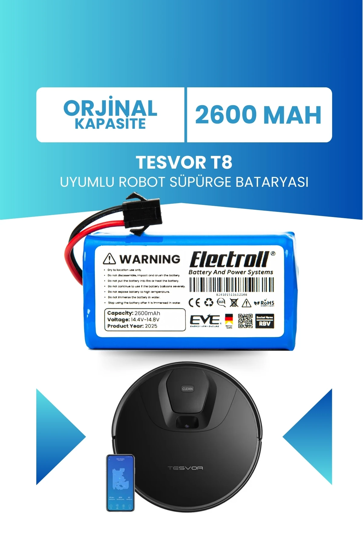 Tesvor T8 Uyumlu Batarya (ORJİNAL KAPASİTE) 2600mah Pil Robot Süpürge Bataryası