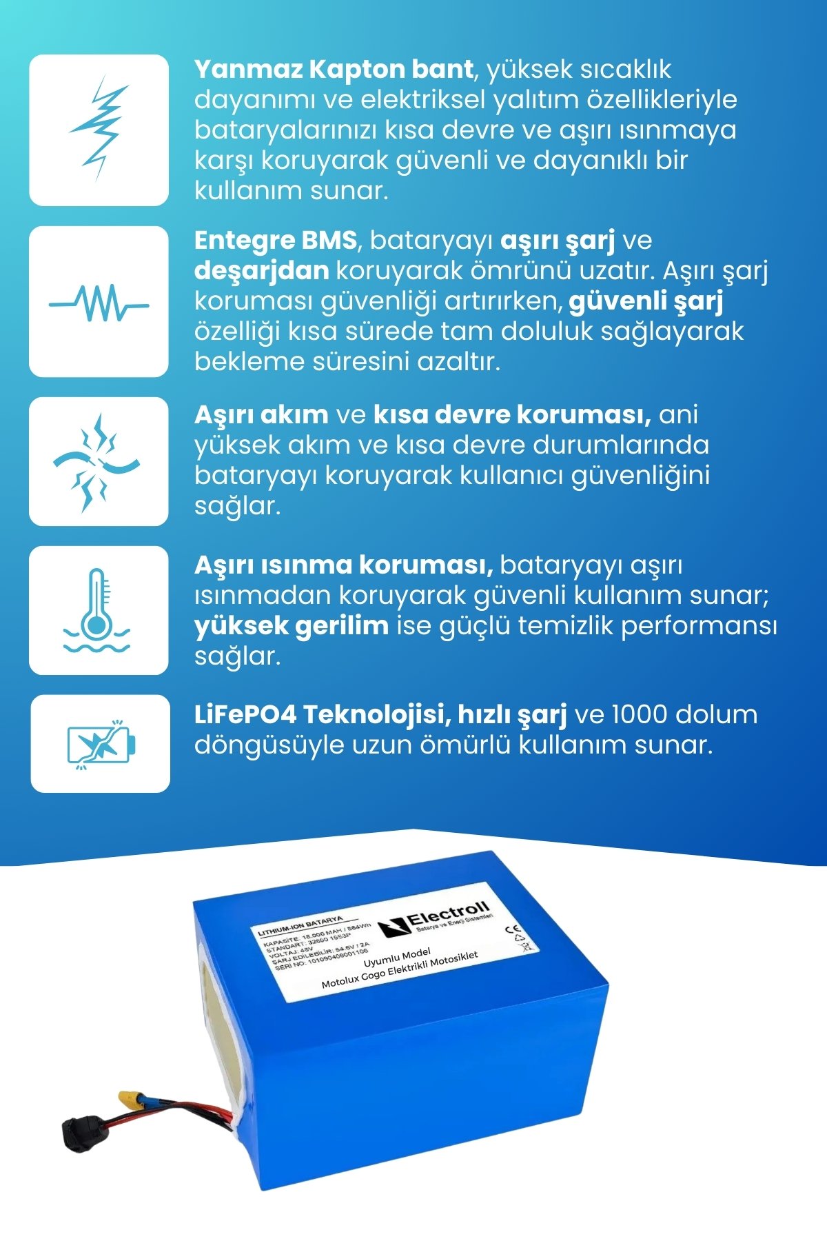 Motolux Gogo 4 Batarya 48v 18 Ah Lifepo4 (ELEKTRİKLİ MOTORSİKLET İÇİN) 5a Lifepo4 Şarj Cihazı Hediye