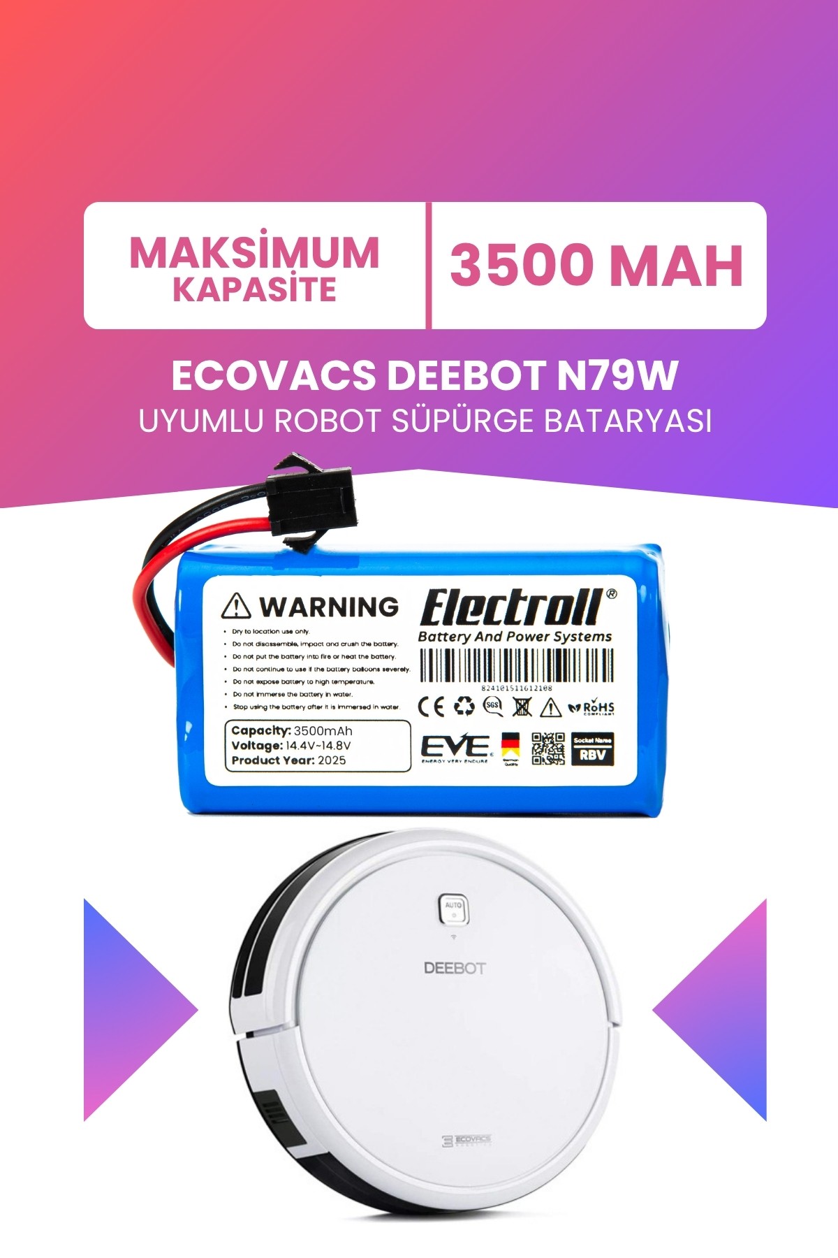 Ecovacs Deebot N79w Uyumlu Batarya (MAKSİMUM KAPASİTE) 3500mah Robot Süpürge Bataryası