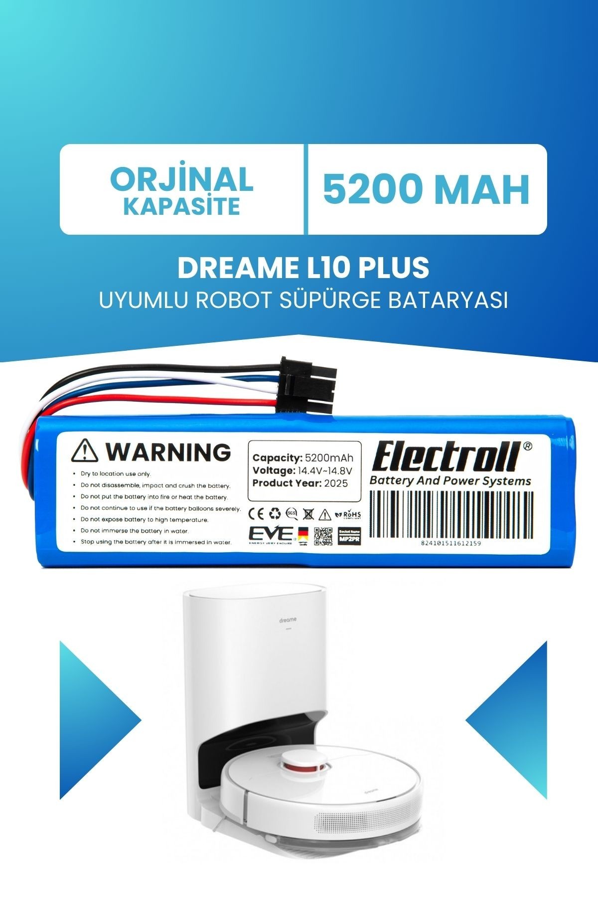 Dreame L10 Plus Uyumlu Batarya (ORJİNAL KAPASİTE) 5200mah Pil Robot Süpürge Batarya Değişimi
