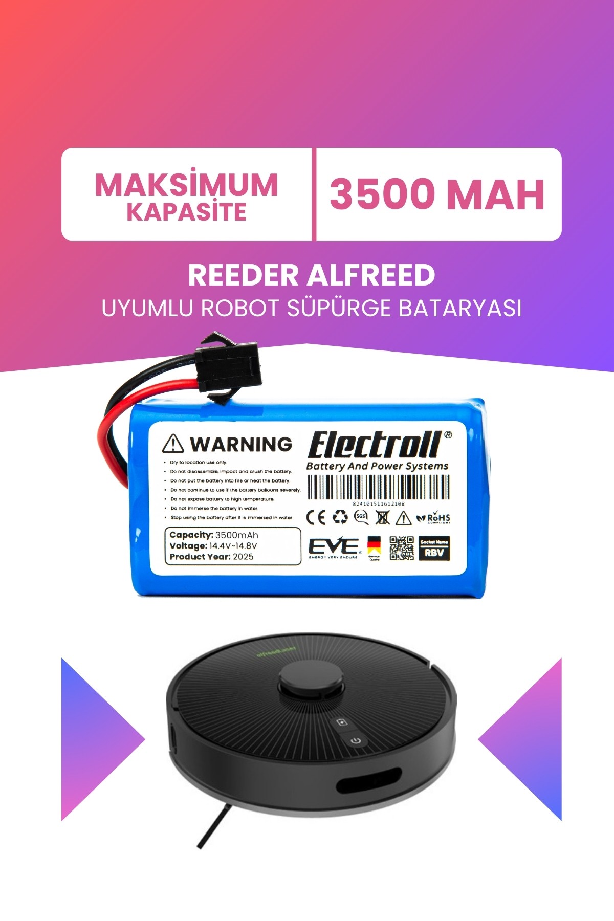 Reeder Alfreed Uyumlu Batarya (MAKSİMUM KAPASİTE) 3500mah Pil Robot Süpürge Batarya Değişimi
