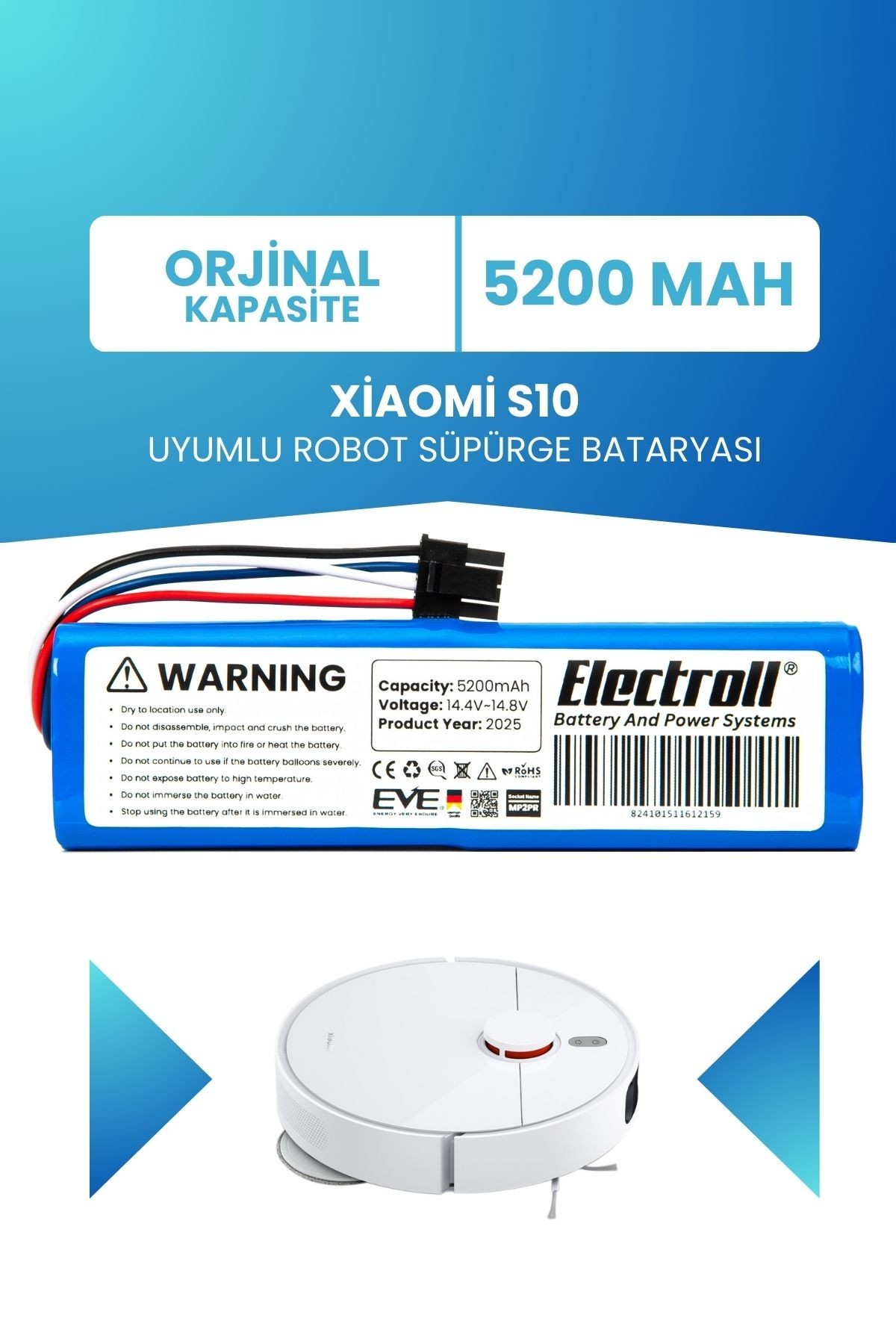 Xiaomi S10 Uyumlu Batarya (ORJİNAL KAPASİTE) 5200mah Pil Robot Süpürge Bataryası Değişimi