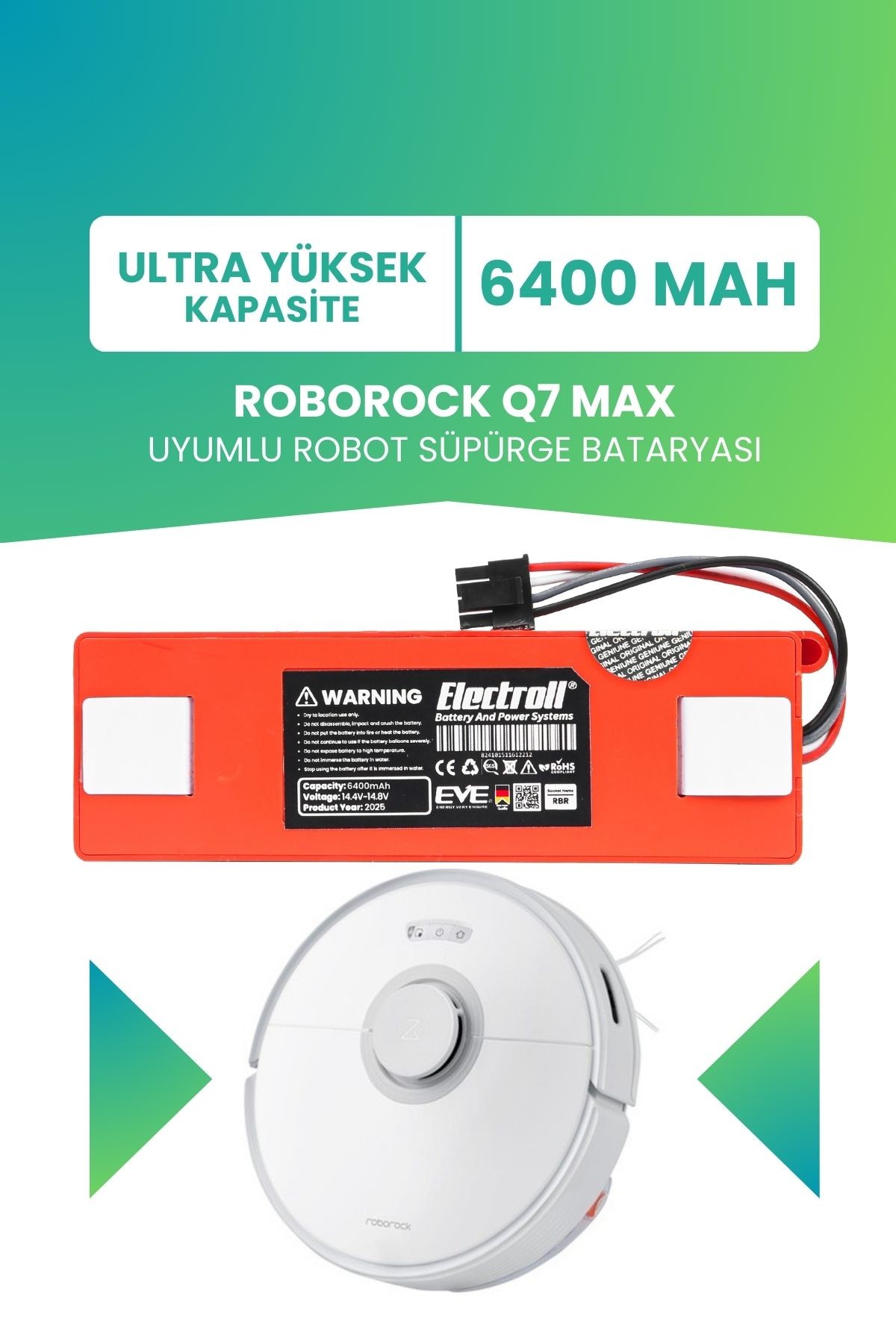 Roborock Q7 Max Uyumlu Batarya (ULTRA YÜKSEK KAPASİTE) 6400mah Robot Süpürge Bataryası Değişimi