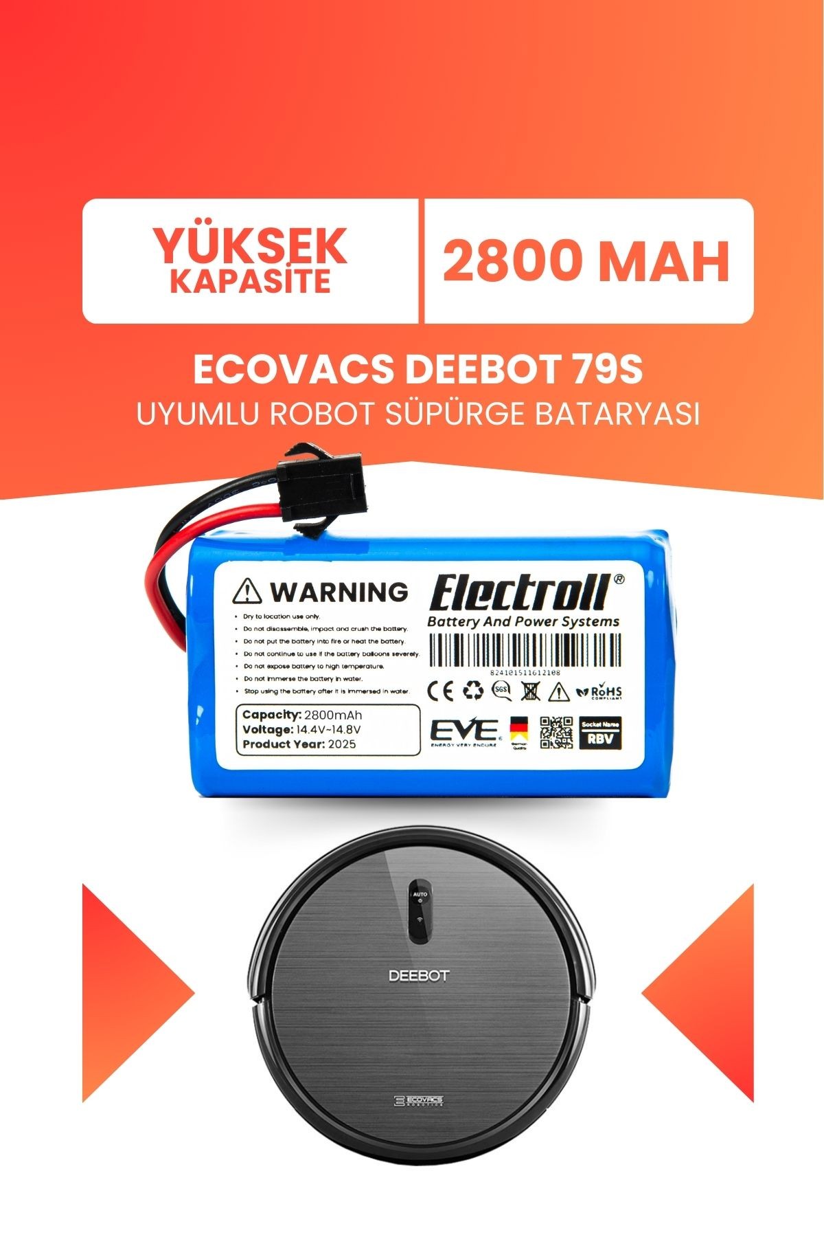 Ecovacs Deebot 79s Uyumlu Batarya (YÜKSEK KAPASİTE) 2800mah Pil Robot Süpürge Bataryası