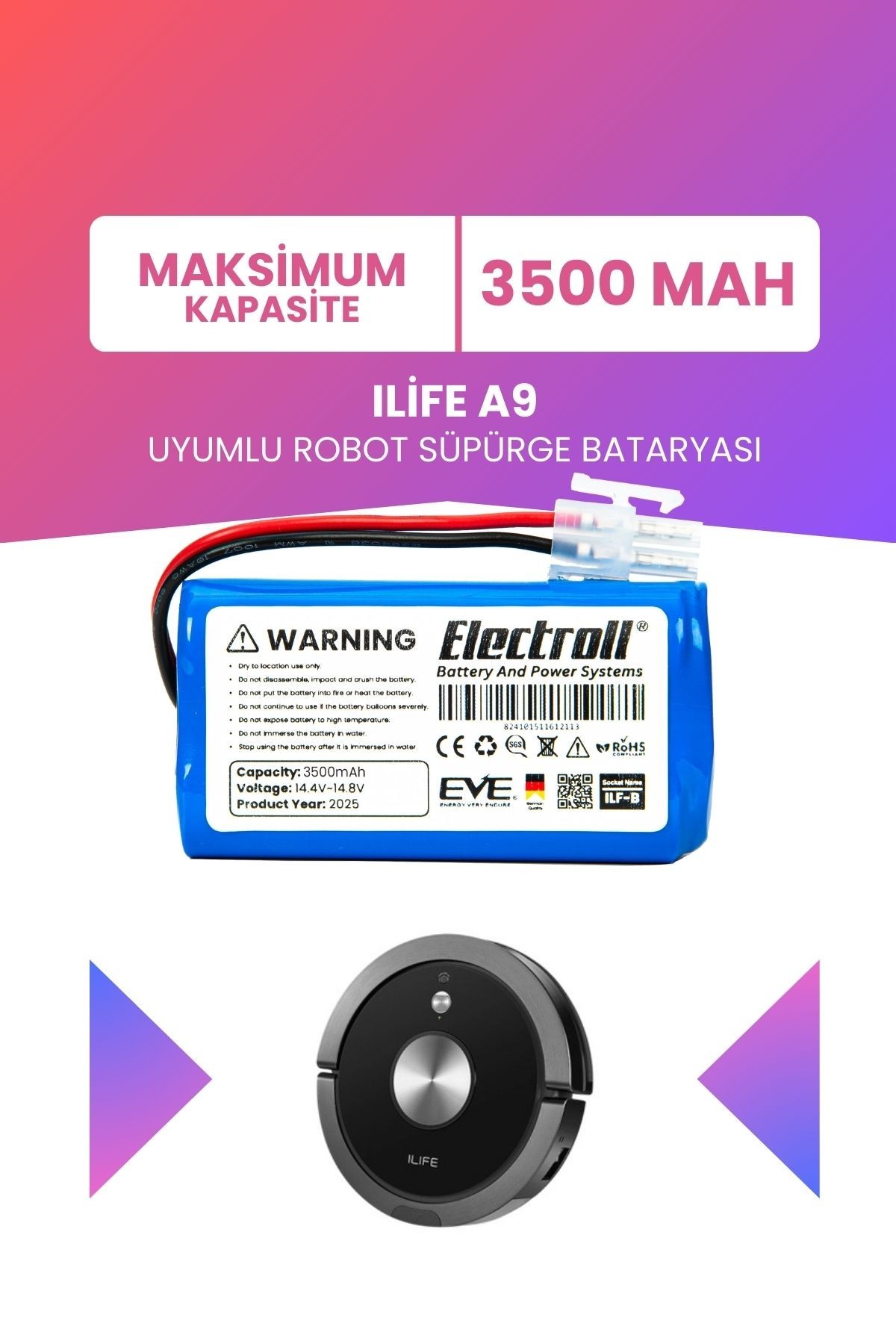 Ilife A9 Uyumlu Batarya (MAKSİMUM KAPASİTE) 3500mah Robot Süpürge Bataryası Değişimi