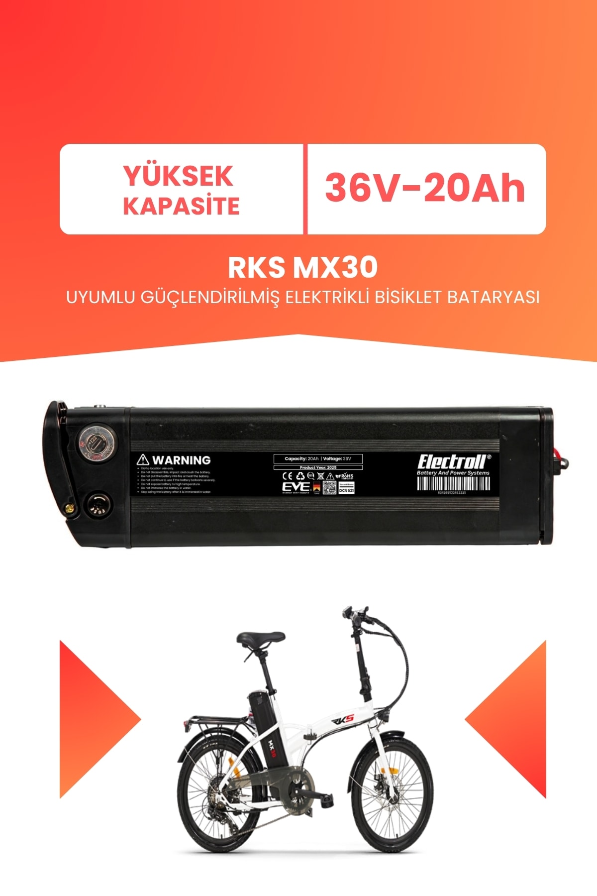 RKS MX30 Uyumlu 36V 20Ah (Yüksek Kapasite) Güçlendirilmiş Elektrikli Bisiklet Batarya Tamir, Revizyon ve Pil Yenileme