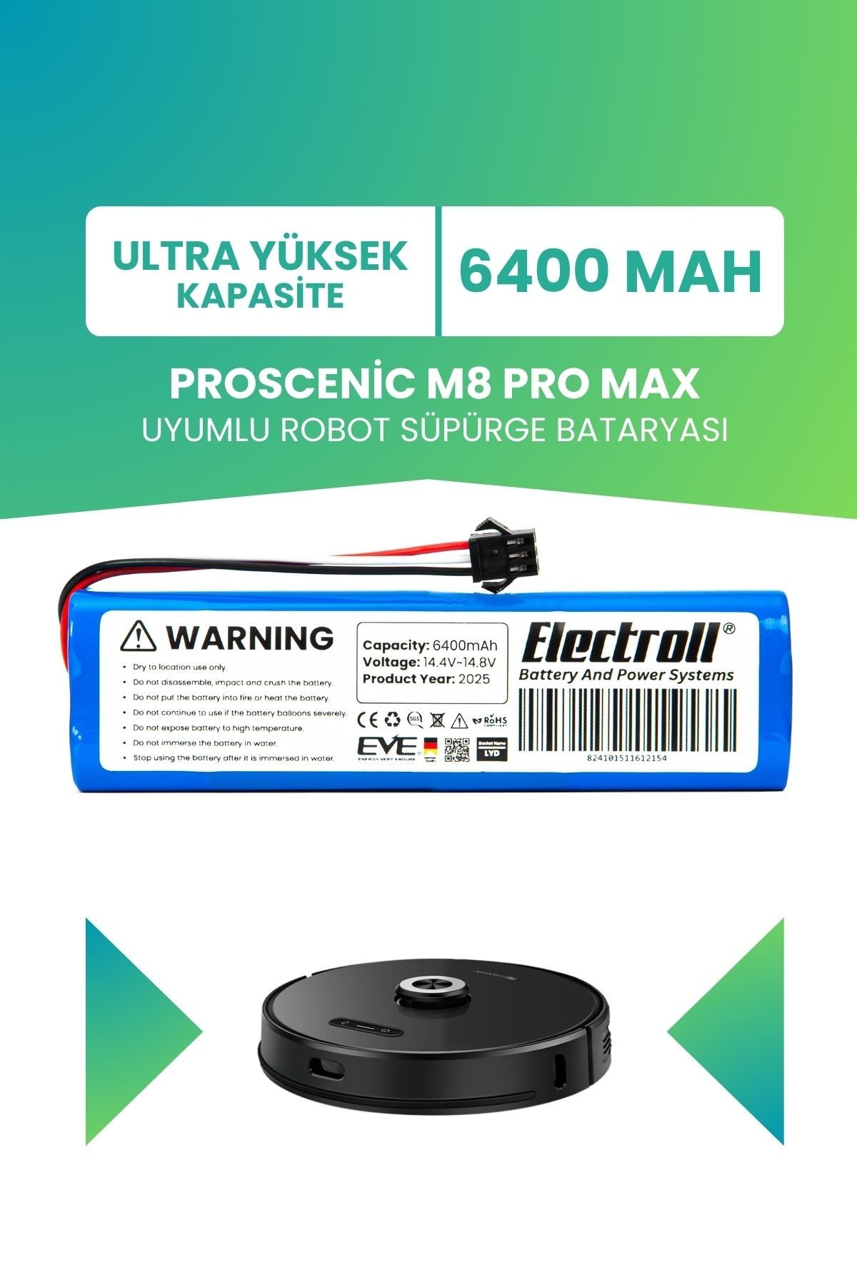 Proscenic M8 Pro Max Uyumlu Batarya (ULTRA YÜKSEK KAPASİTE) 6400mah Robot Süpürge Bataryası Değişimi