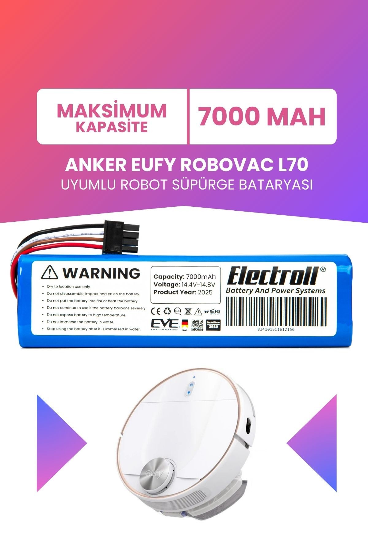 Anker Eufy Robovac L70 Uyumlu Batarya (MAKSİMUM KAPASİTE) 7000mah Pil Akıllı Robot Süpürge Bataryası