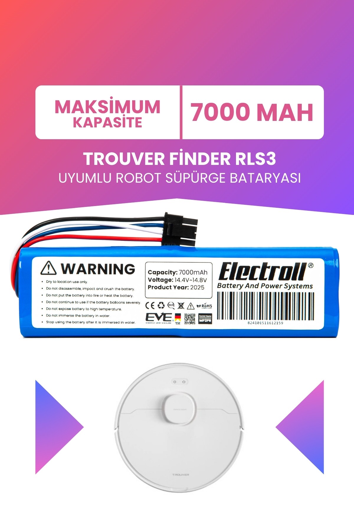 Trouver Finder RLS3 Uyumlu Batarya (MAKSİMUM KAPASİTE) 7000mah Robot Süpürge Bataryası