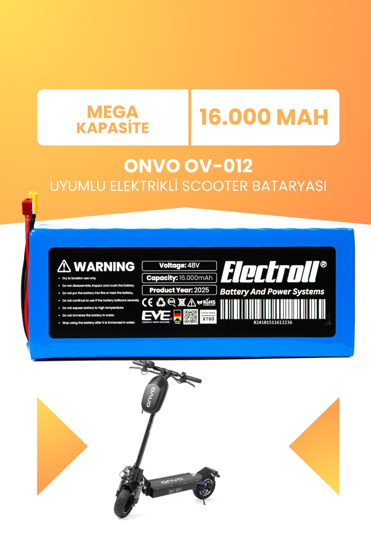 ONVO OV-012 (Mega Kapasite) Batarya 48v 16ah Pil Elektrikli Scooter Bataryası