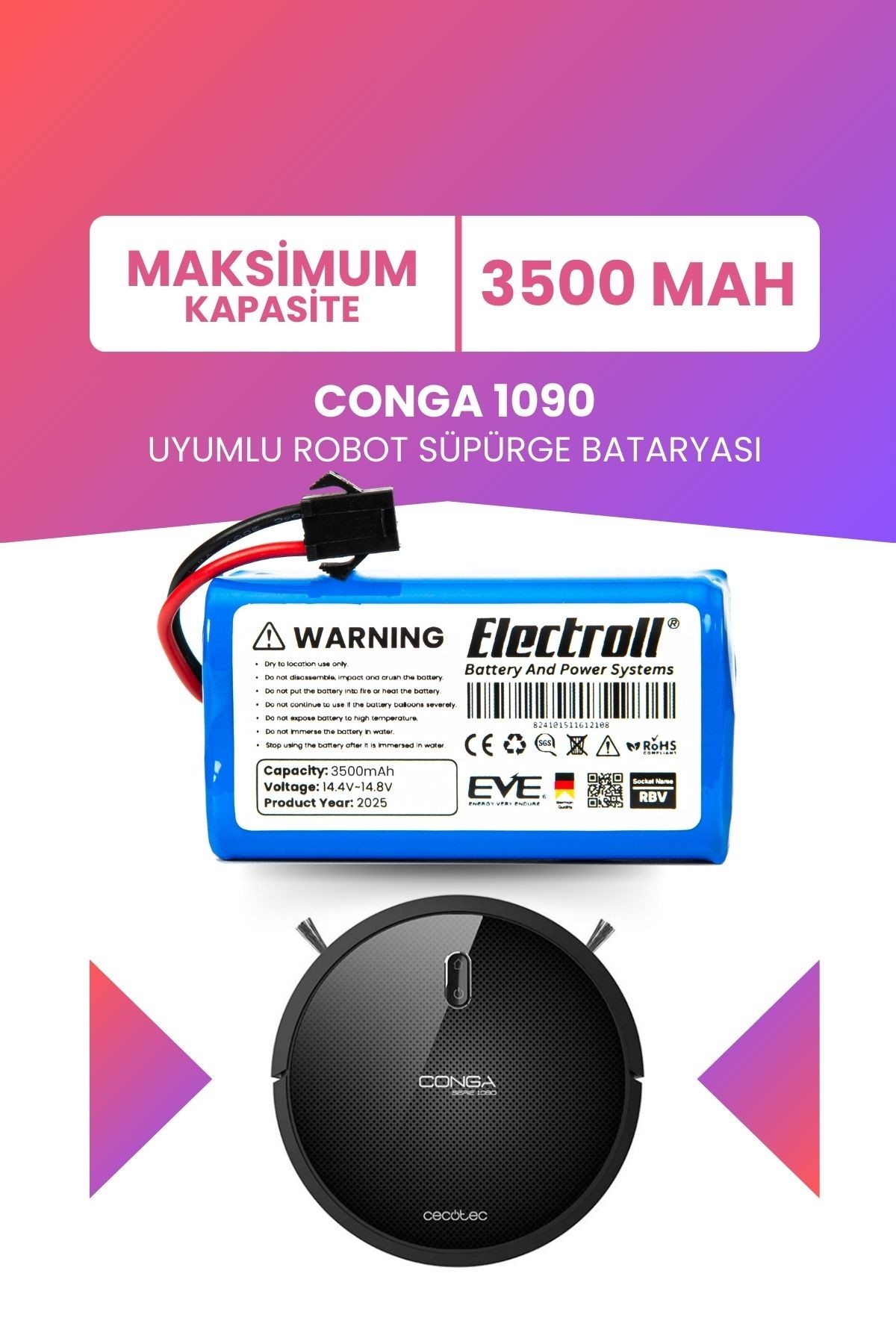 Conga 1090 Uyumlu Batarya (MAKSİMUM KAPASİTE) 3500mah Pil Akıllı Robot Süpürge Bataryası