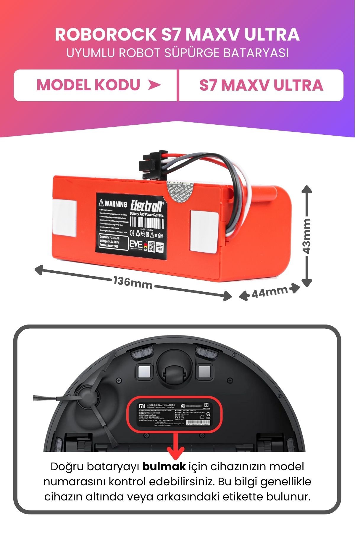 Roborock S7 Maxv Ultra Uyumlu Batarya (MAKSİMUM KAPASİTE) 7000mah Kutulu Robot Süpürge Pil Değişimi