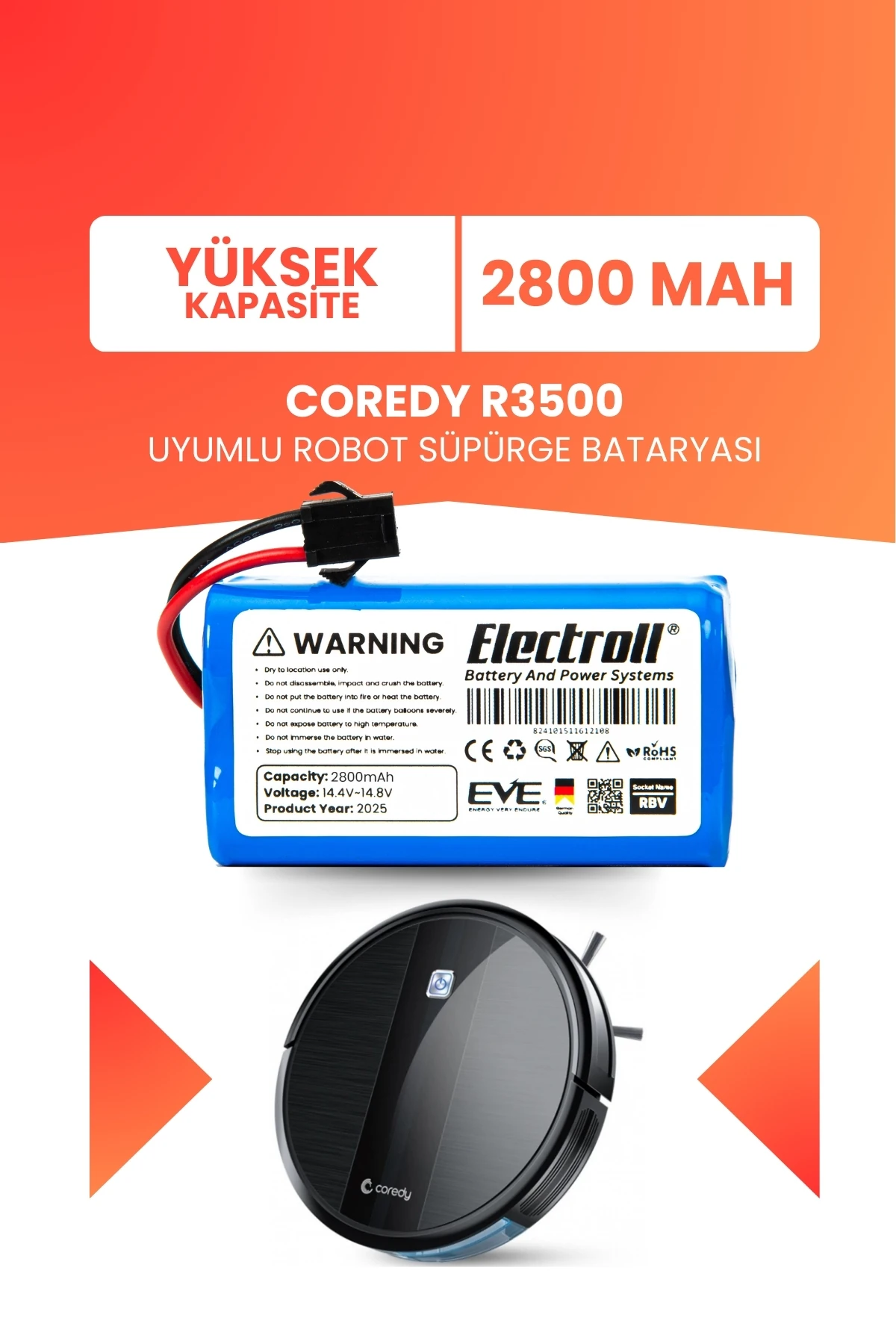 Coredy R3500 Uyumlu Batarya (YÜKSEK KAPASİTE) 2800mah Pil Akıllı Robot Süpürge Bataryası