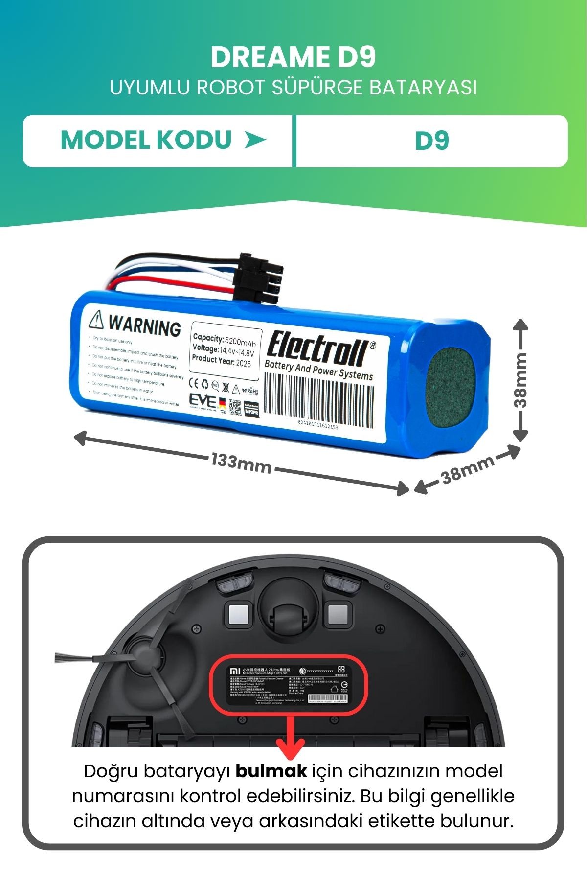 Dreame D9 Uyumlu Batarya (ULTRA YÜKSEK KAPASİTE) 6400mah Pil Robot Süpürge Mop Cleaner Bataryası