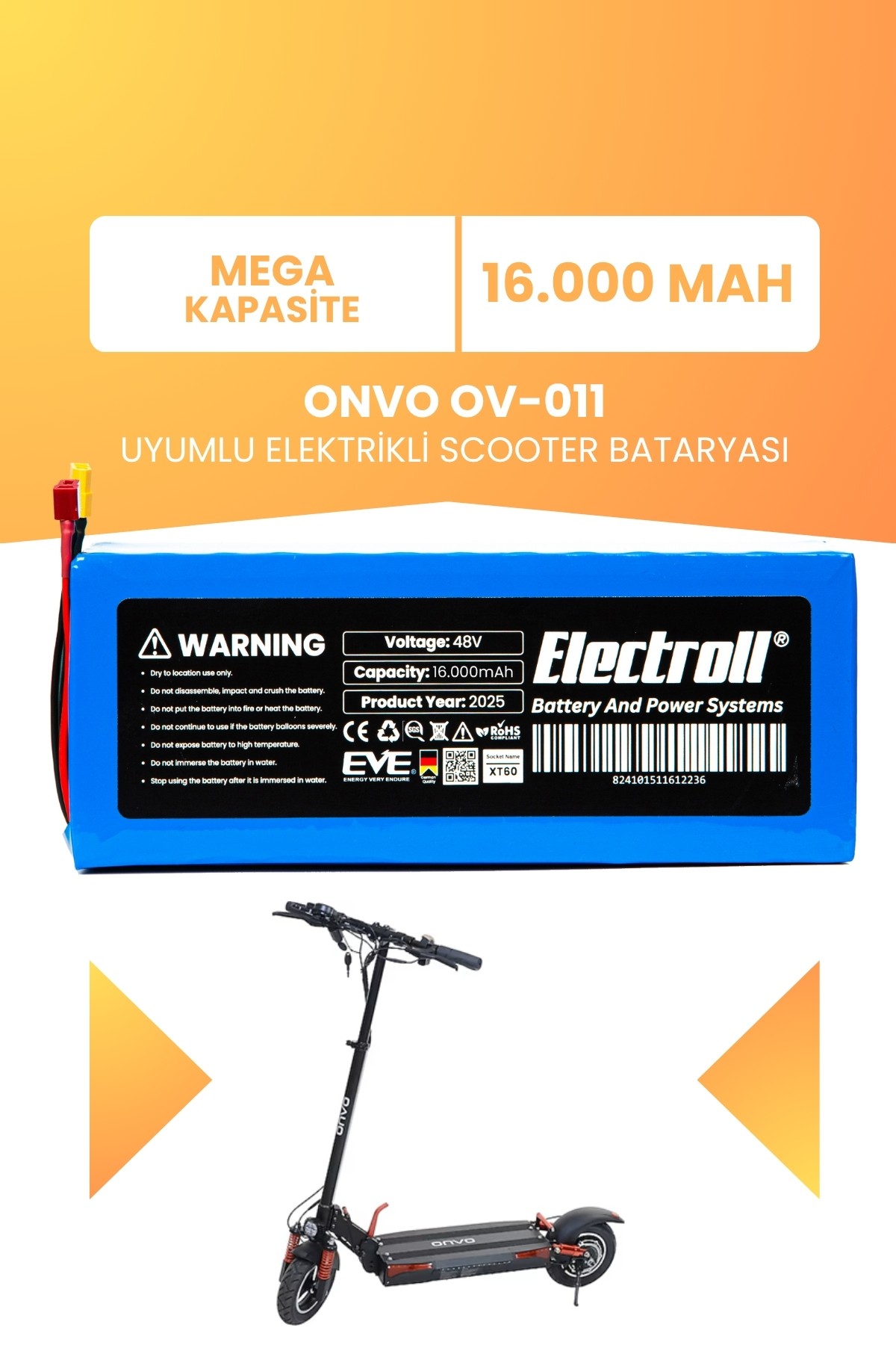 Onvo Ov-011 Batarya (Mega Kapasite) Batarya 48v 16ah Pil Elektrikli Scooter Bataryası