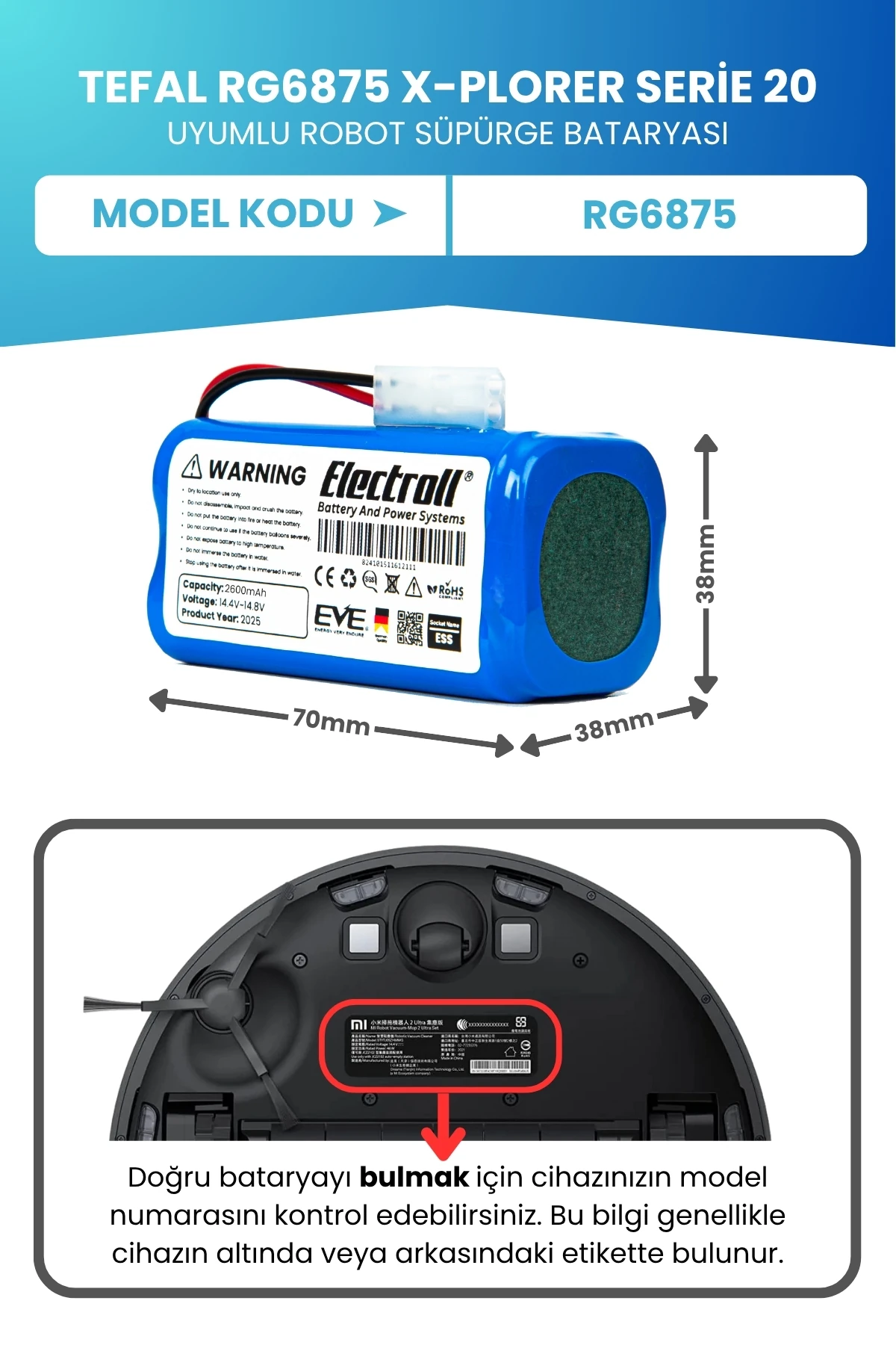 Tefal RG6875 X-Plorer Serie 20 Uyumlu Batarya (STANDART KAPASİTE) 2600mah Pil Robot Süpürge Bataryası