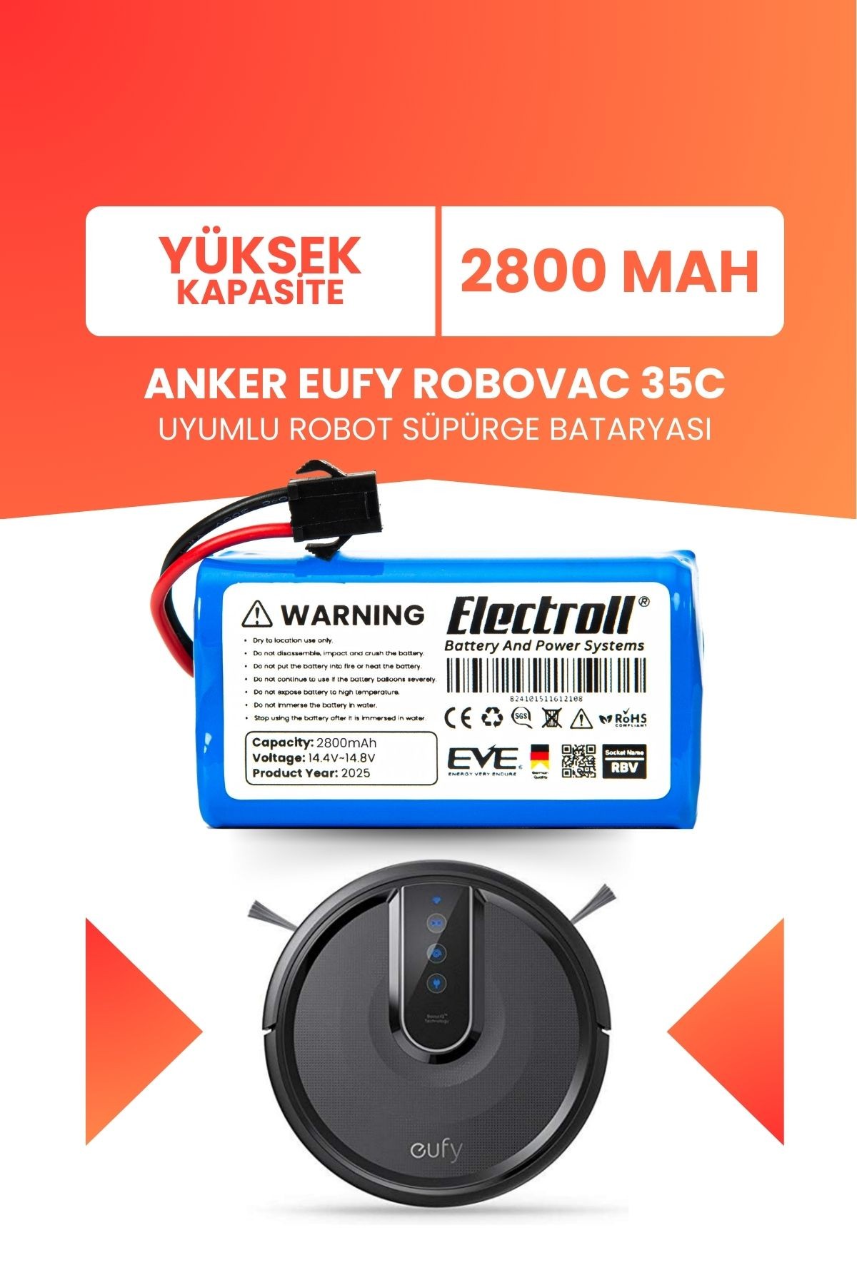 Eufy Robovac 35c Uyumlu Batarya (YÜKSEK KAPASİTE) 2800mah Robot Süpürge Bataryası T2117G11