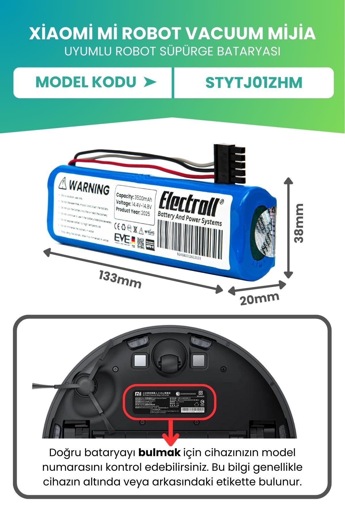 Xiaomi Mi Robot Vacuum Mijia Uyumlu Batarya (ULTRA YÜKSEK KAPASİTE) 3500mah Stytj01zhm Robot Süpürge