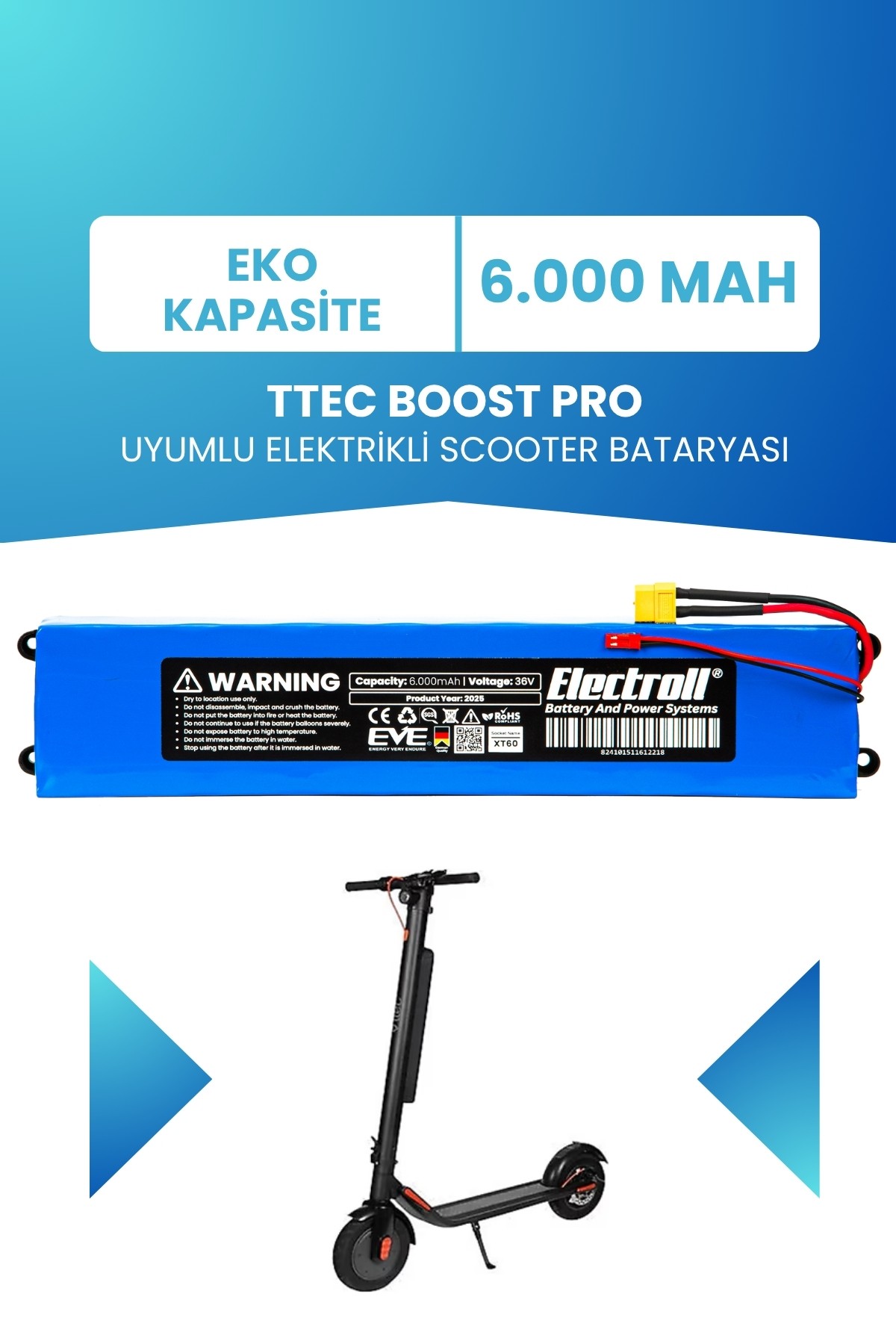 Ttec Boost Pro Uyumlu Batarya (Eko Kapasite) 36v 6.000Mah Elektrikli Scooter Bataryası