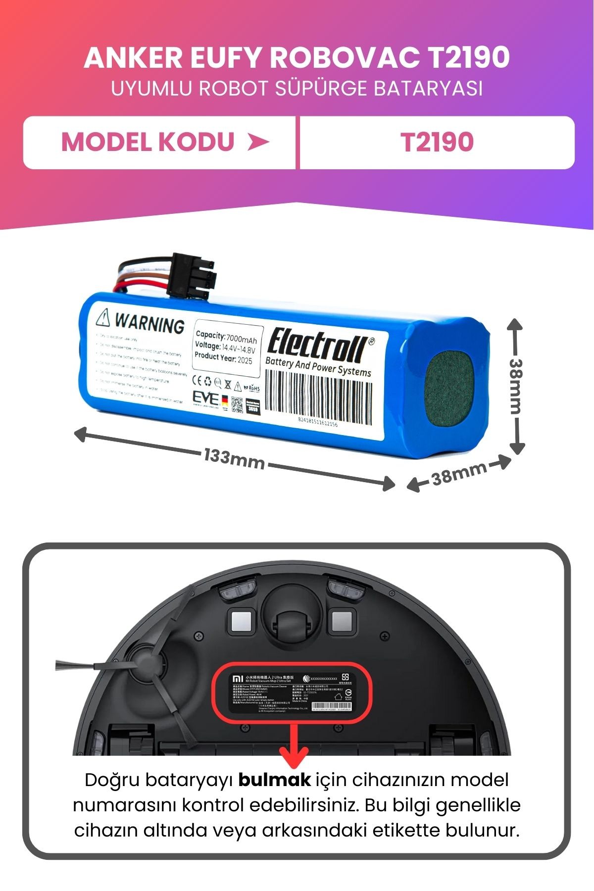 Anker Eufy Robovac T2190 Uyumlu Batarya (MAKSİMUM KAPASİTE) 7000mah Robot Süpürge Bataryası T2190