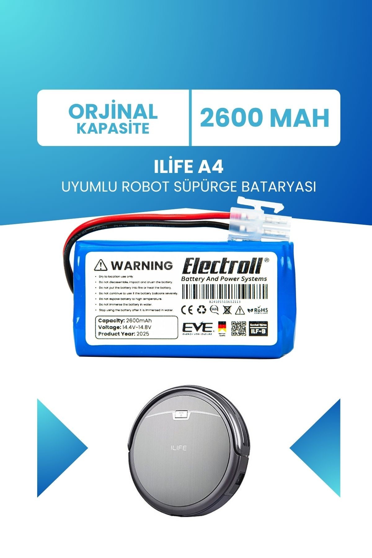 Ilife A4 Uyumlu Batarya (ORJİNAL KAPASİTE) 2600mah Robot Süpürge Bataryası Değişimi