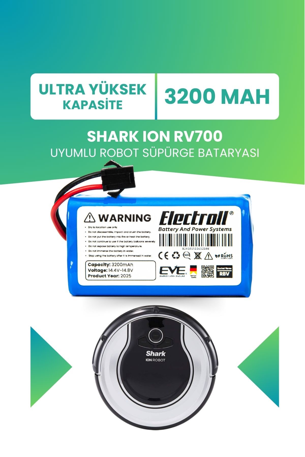 Shark Ion Rv700 Uyumlu Batarya (ULTRA YÜKSEK KAPASİTE) 3200mah Pil Robot Süpürge Bataryası