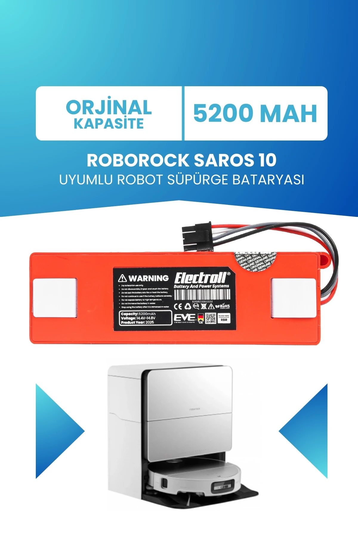 ROBOROCK SAROS 10 Uyumlu Batarya (Orjinal Kapasite) 5200MAH Pil Robot Süpürge Batarya Değişimi