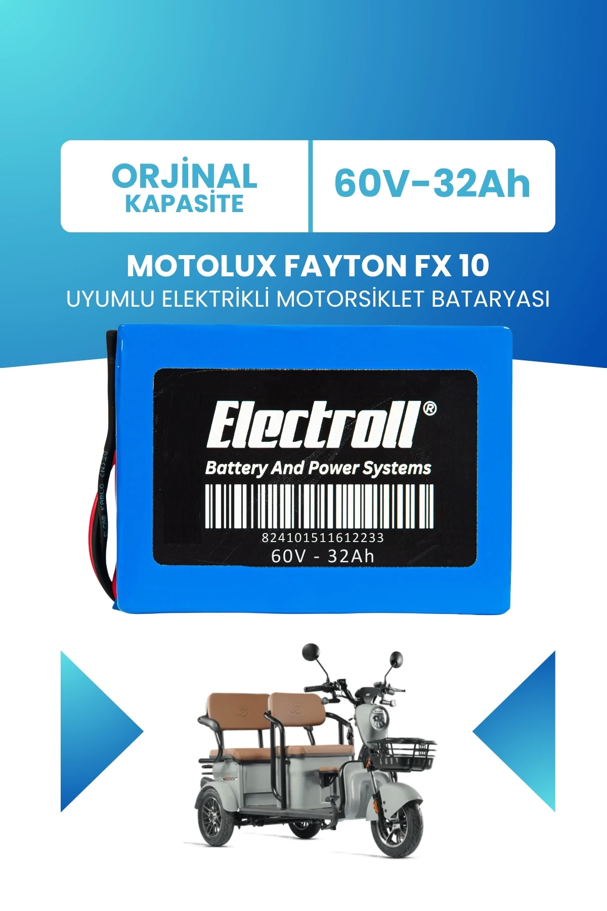 Motolux Fayton FX 10 Uyumlu Batarya (Standart Kapasite) LiFePO4 60V 32Ah Elektrikli Motorsiklet Bataryası