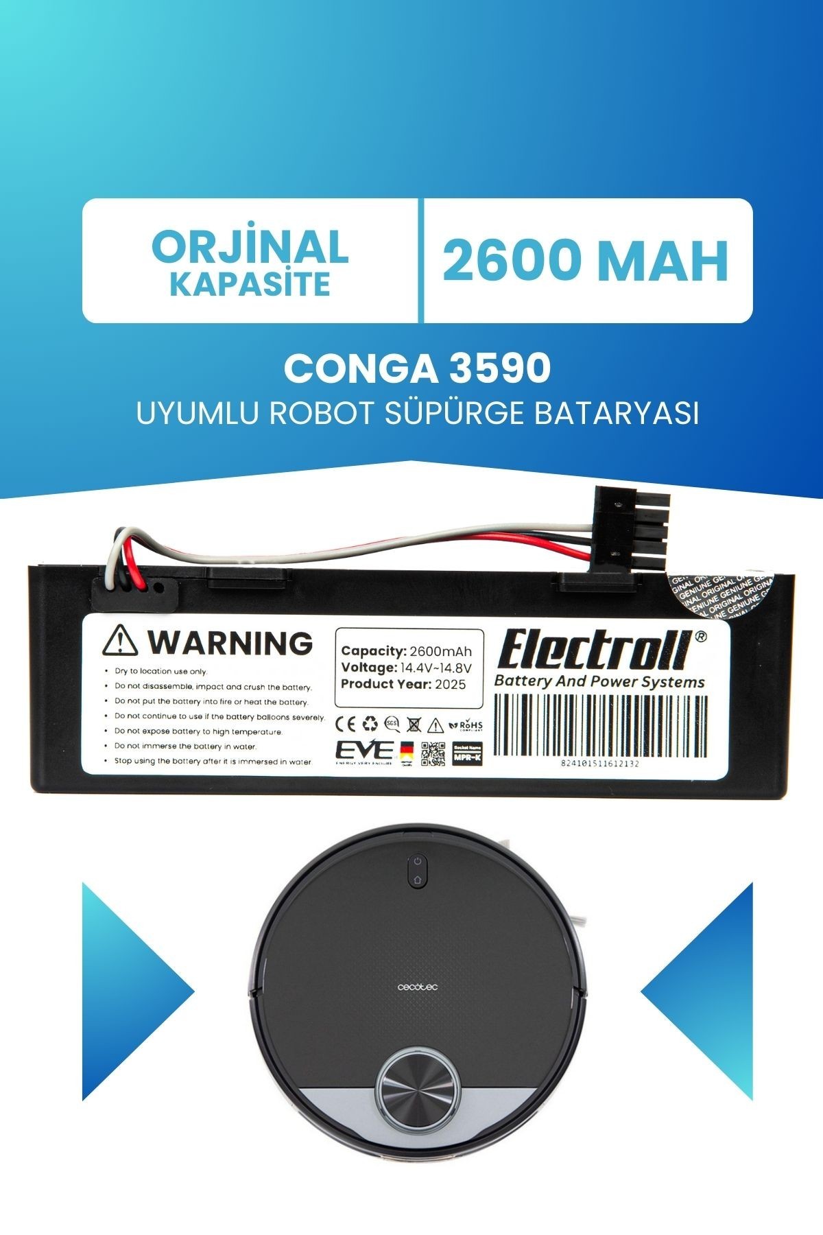 Conga 3590 Uyumlu Batarya (ORJİNAL KAPASİTE) 2600mah Pil Kutulu Robot Süpürge Bataryası Değişimi