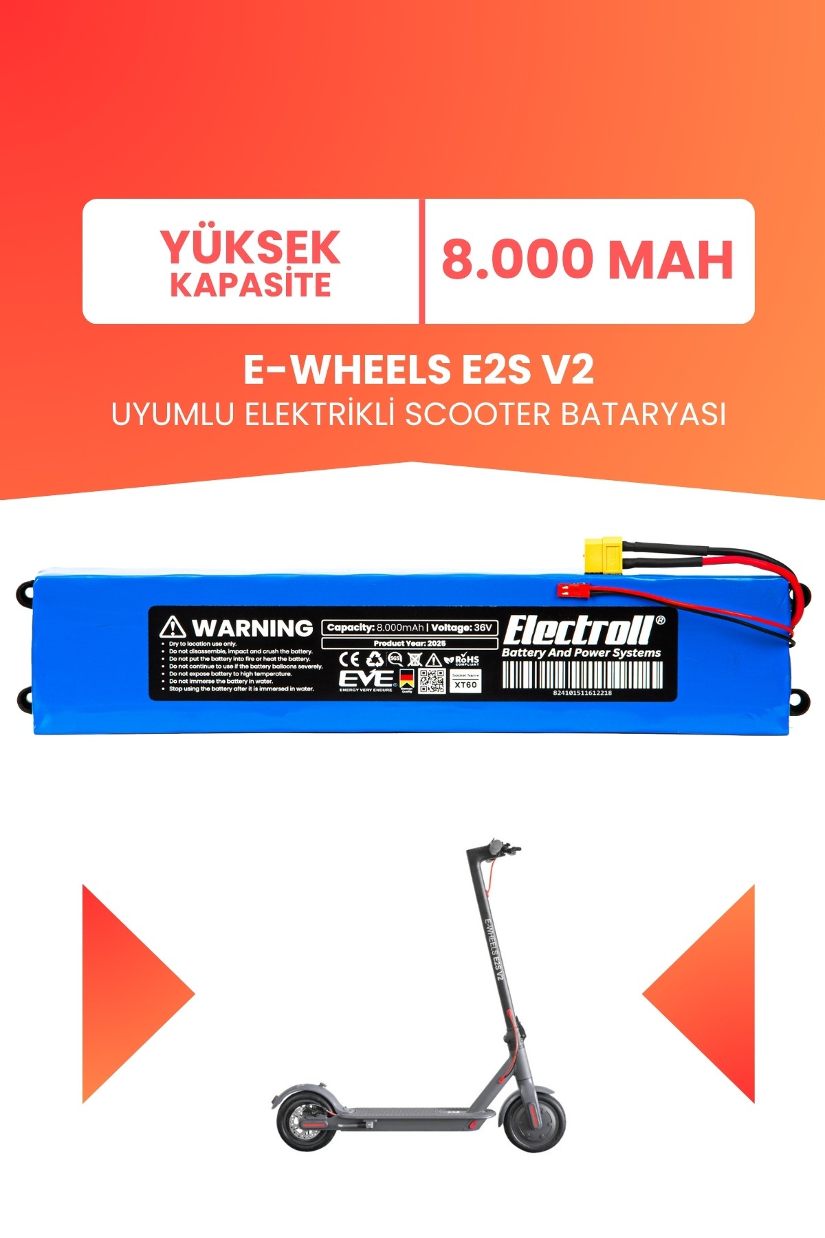 E-Wheels E2s V2 Uyumlu Batarya (YÜKSEK KAPASİTE) 36v 8000mah Pil Elektrikli Scooter Bataryası Değişimi