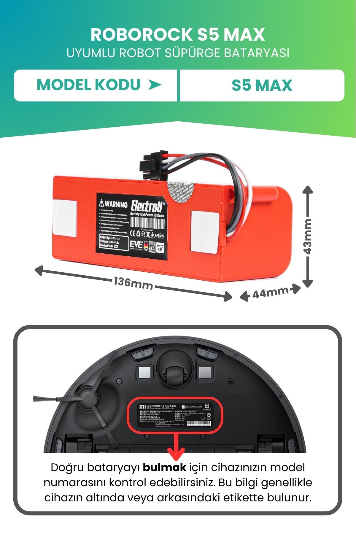Roborock S5 Max Uyumlu Batarya (ULTRA YÜKSEK KAPASİTE) 6400mah Robot Süpürge Bataryası Değişimi