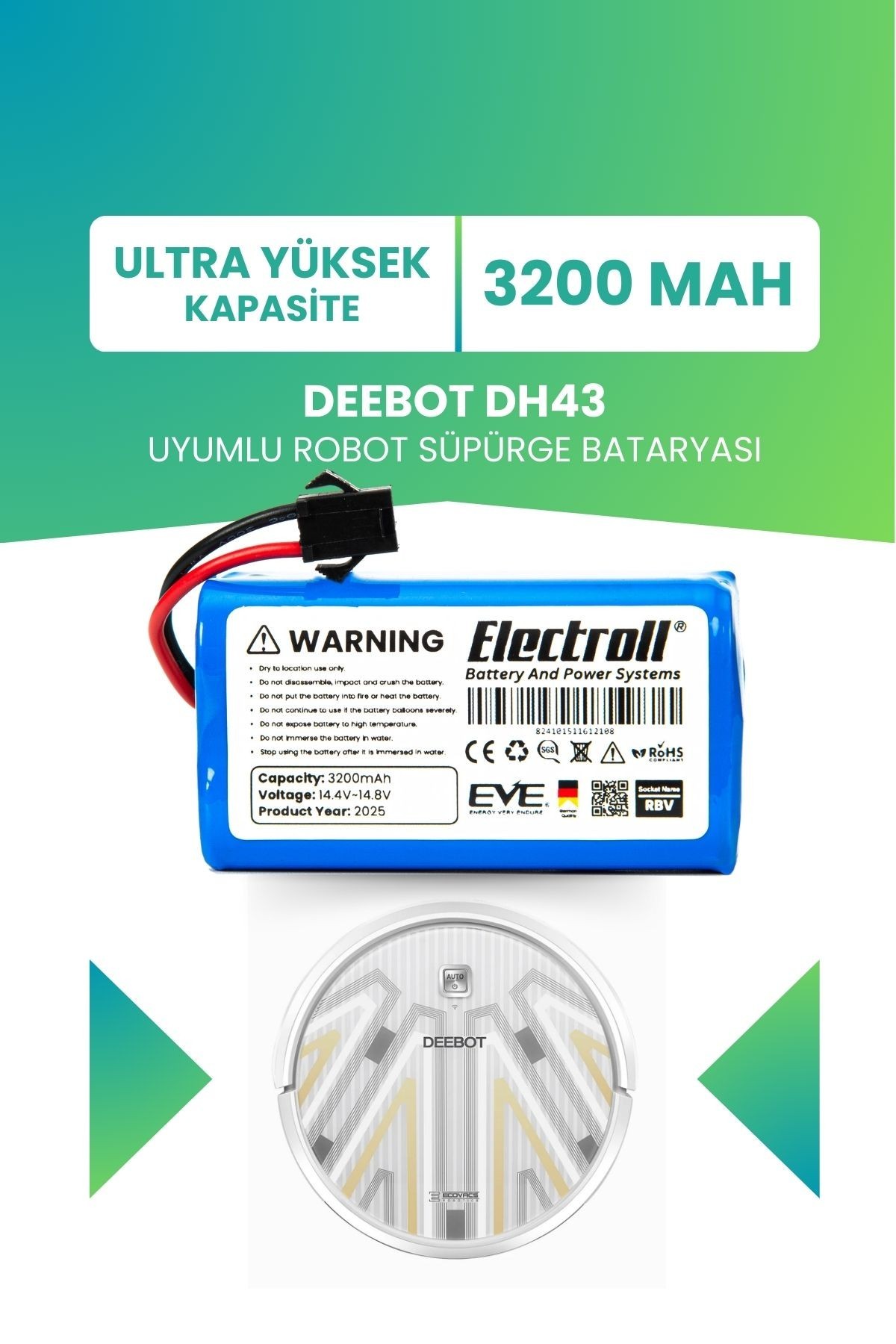 Deebot Dh43 Uyumlu Batarya (ULTRA YÜKSEK KAPASİTE) 3200mah Pil Akıllı Robot Süpürge Bataryası