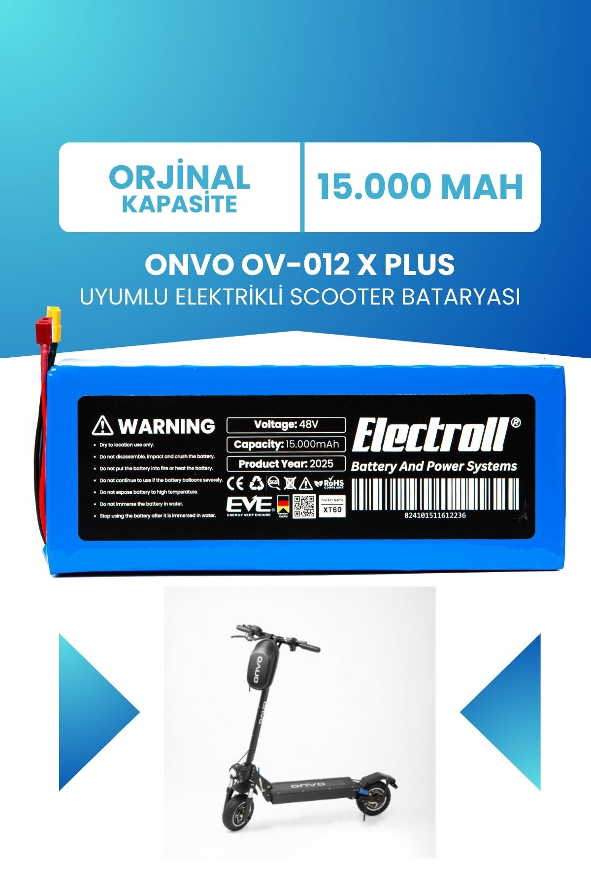 Onvo Ov-012 X Plus (ORJİNAL KAPASİTE) Batarya 48v 15ah Pil Elektrikli Scooter Bataryası