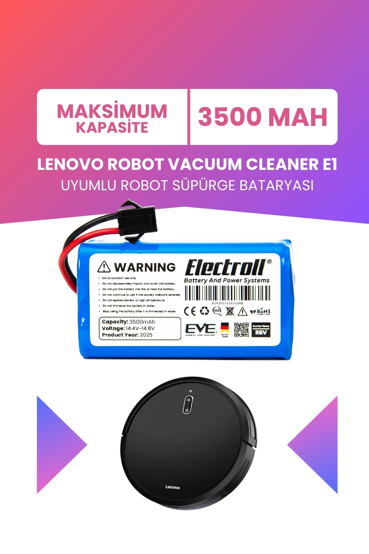 Lenovo Robot Vacuum Cleaner E1 Uyumlu Batarya (MAKSİMUM KAPASİTE) 3500mah Robot Süpürge Bataryası