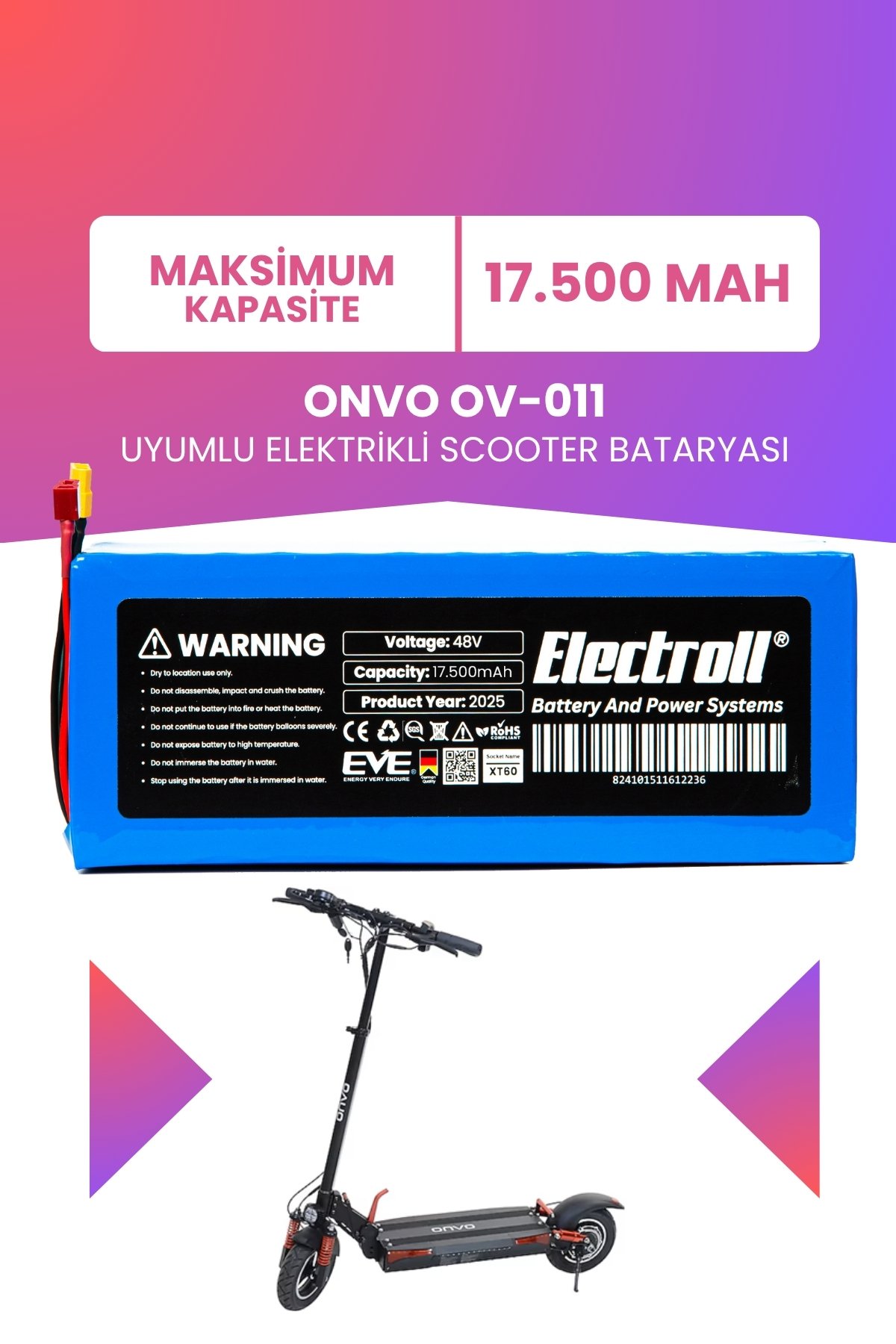 Onvo Ov-011 Batarya (Maksimum Kapasite) Batarya 48v 17.5ah Pil Elektrikli Scooter Bataryası