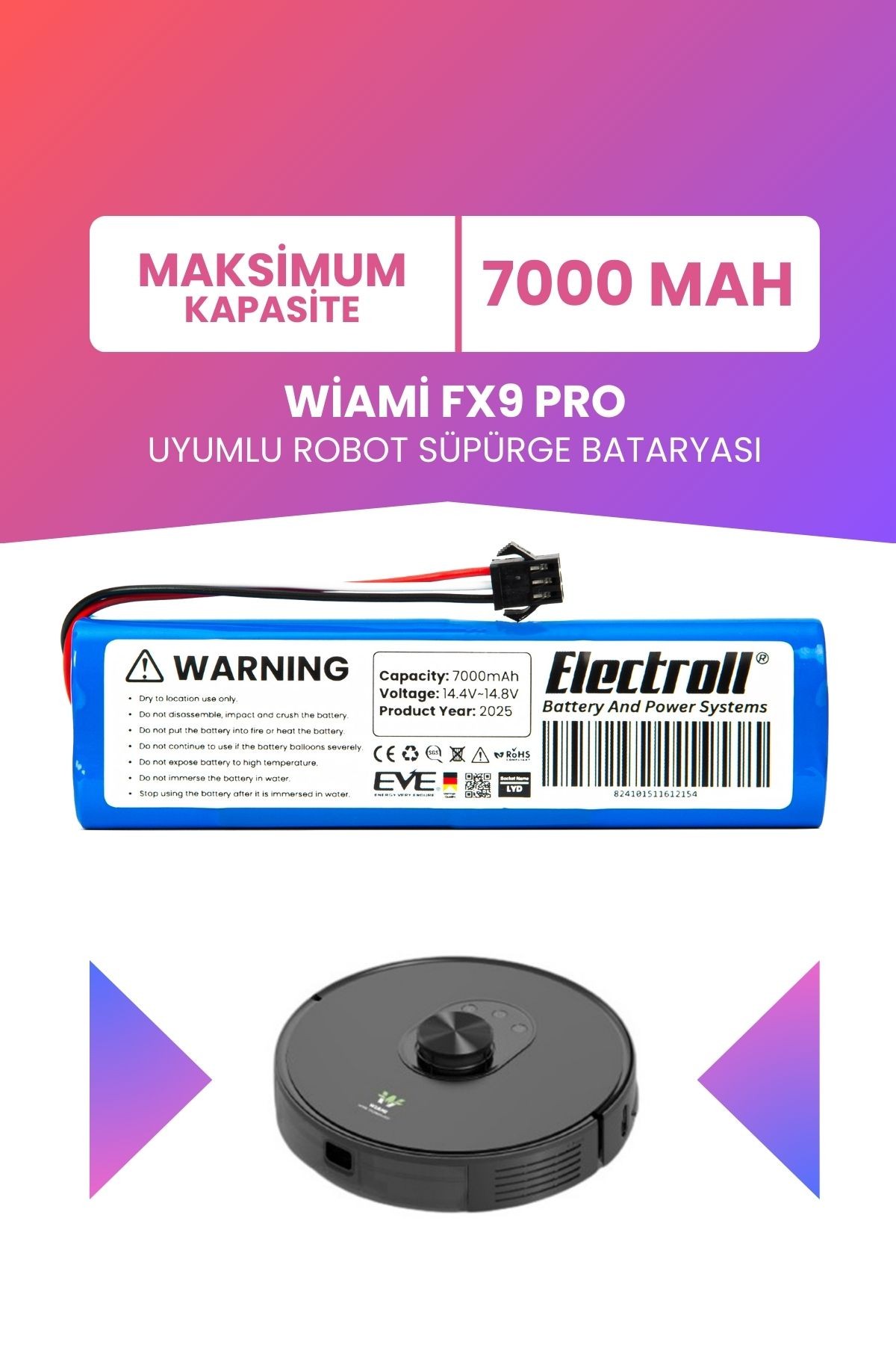 Wiami Fx9 Pro Uyumlu Batarya (MAKSİMUM KAPASİTE) 7000mah Pil Robot Süpürge Bataryası Değişimi
