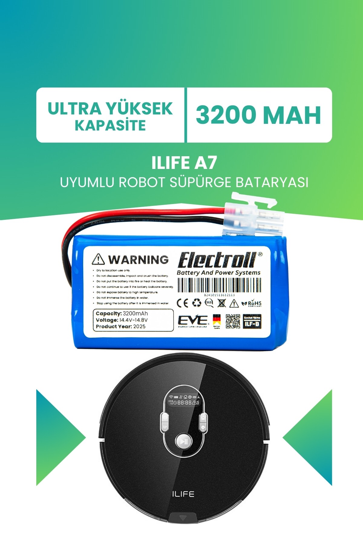Ilıfe A7 Uyumlu Batarya (ULTRA YÜKSEK KAPASİTE) 3200mah Pil Robot Süpürge Bataryası