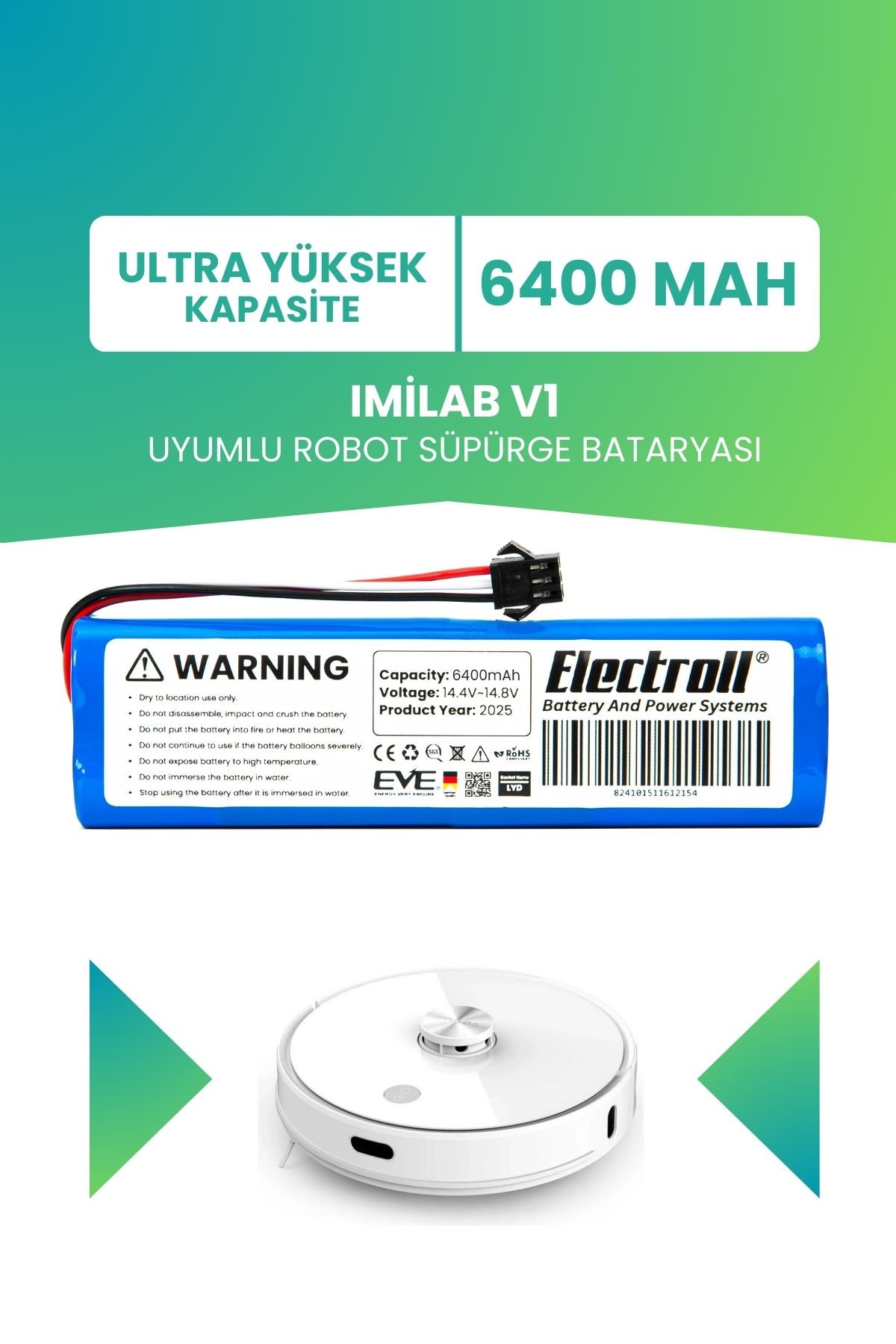 Imilab V1 Uyumlu Batarya (ULTRA YÜKSEK KAPASİTE) 6400mah Robot Süpürge Bataryası Değişimi Cmsdj707a