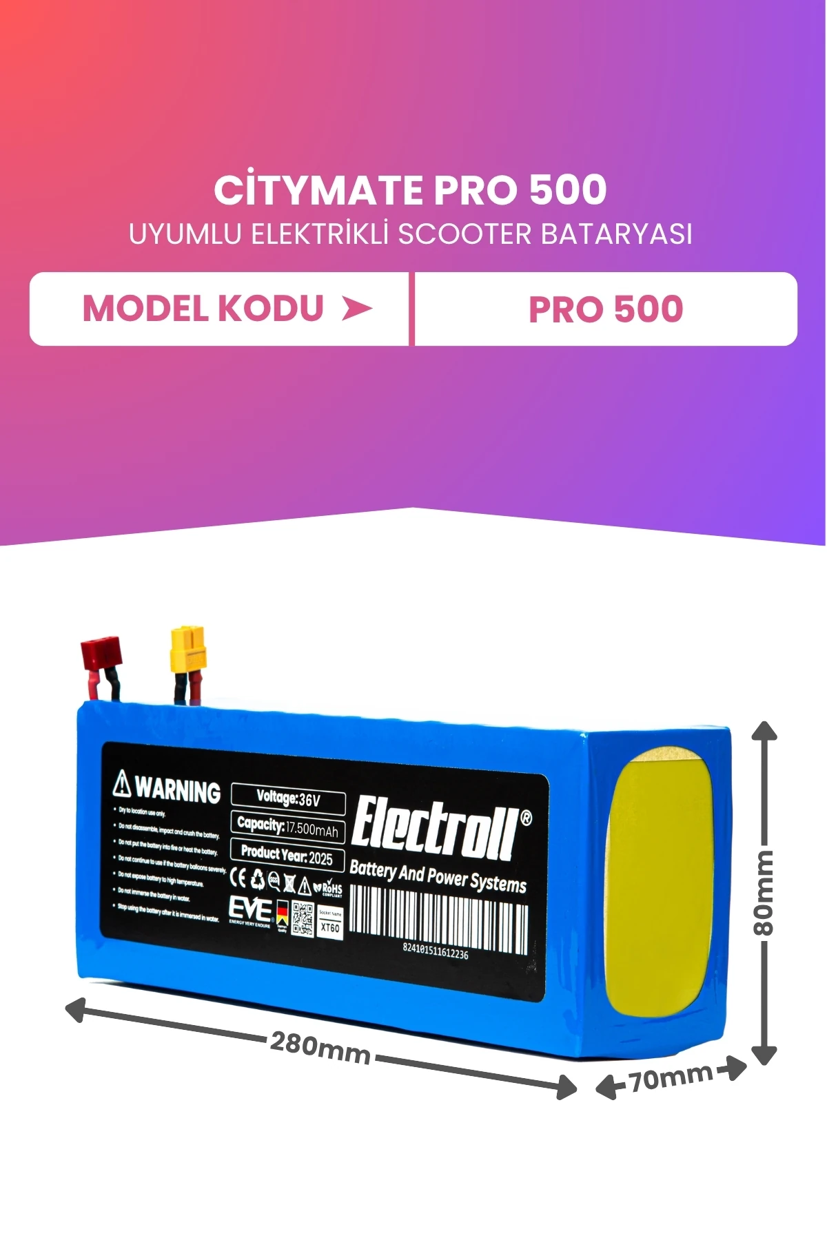 Citymate Pro 500 Uyumlu Batarya (Maksimum Kapasite) Batarya 36v 17.5ah Pil Elektrikli Scooter Bataryası