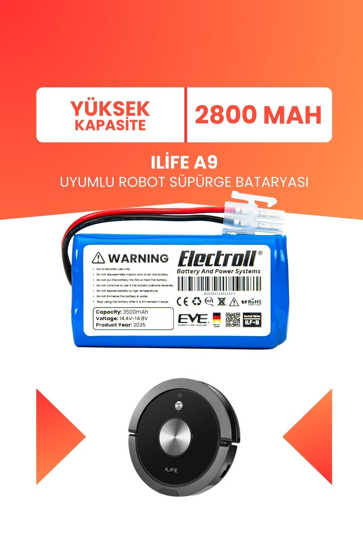 Ilife A9 Uyumlu Batarya (YÜKSEK KAPASİTE) 2800mah Robot Süpürge Bataryası Değişimi
