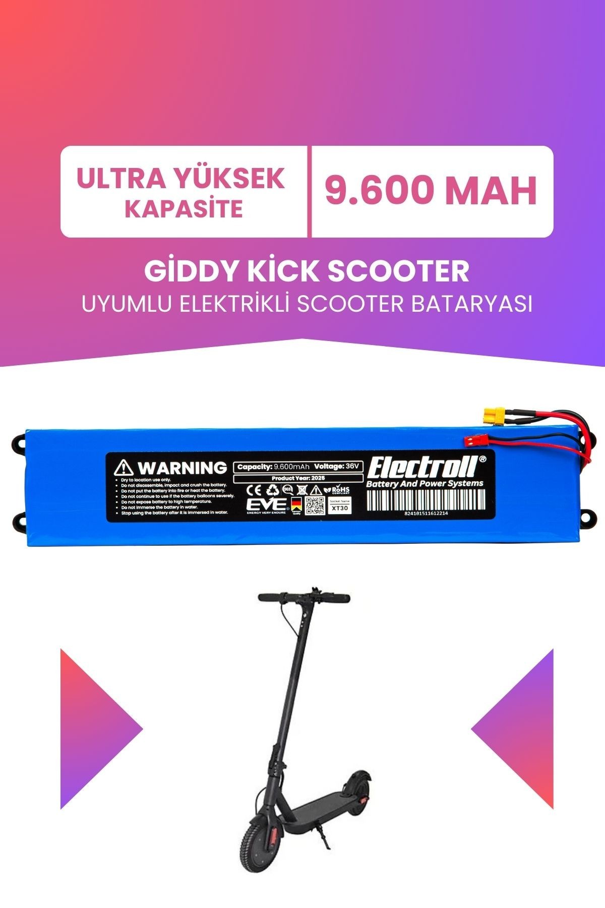 Giddy Kick Scooter Uyumlu Batarya (ULTRA YÜKSEK KAPASİTE) 36v 9600mah Elektrikli Scooter Bataryası