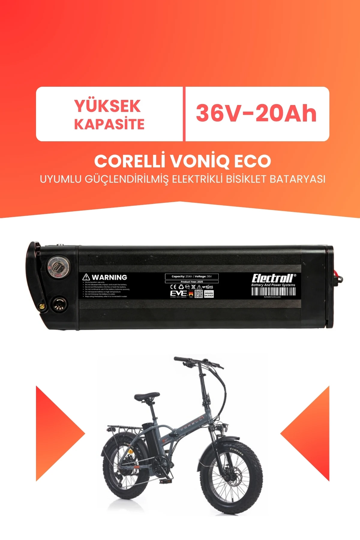 Corelli Voniq Eco Uyumlu 36V 20Ah (Yüksek Kapasite) Güçlendirilmiş Elektrikli Bisiklet Batarya Tamir, Revizyon ve Pil Yenileme