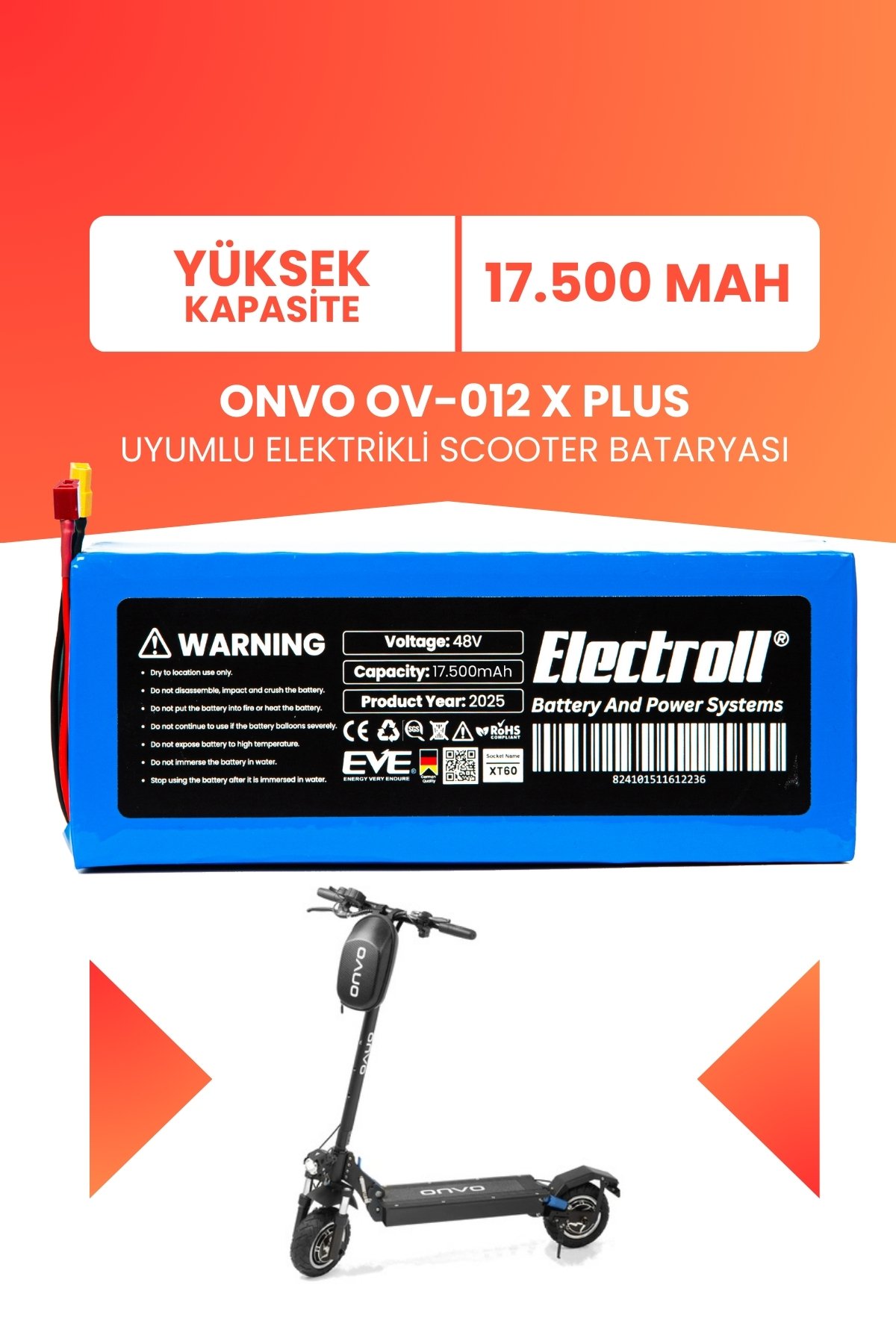 Onvo Ov-012 X Plus (YÜKSEK KAPASİTE) Batarya 48v 17.5ah Pil Elektrikli Scooter Bataryası