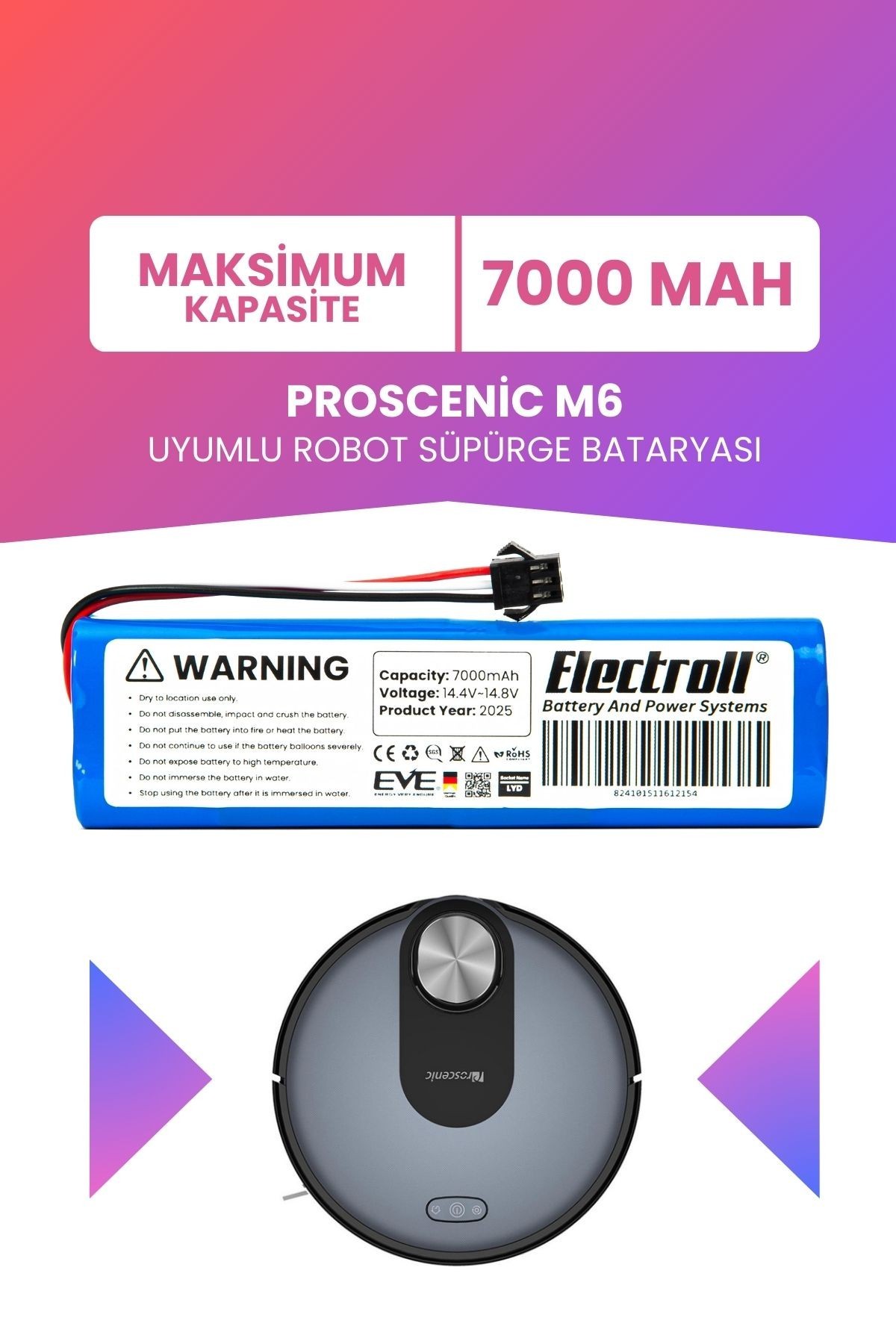Proscenic M6 Uyumlu Batarya (MAKSİMUM KAPASİTE) 7000mah Pil Robot Süpürge Bataryası Değişimi
