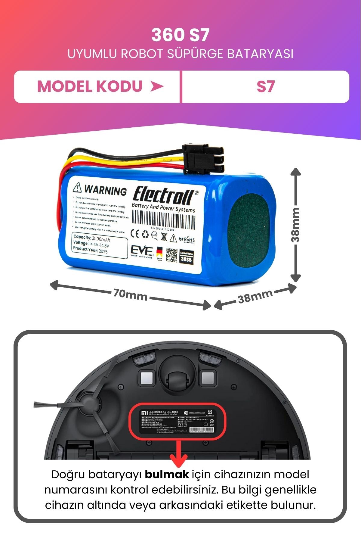 360 S7 Batarya (MAKSİMUM KAPASİTE) 3500mah Pil Akıllı Robot Süpürge Batarya Değişimi