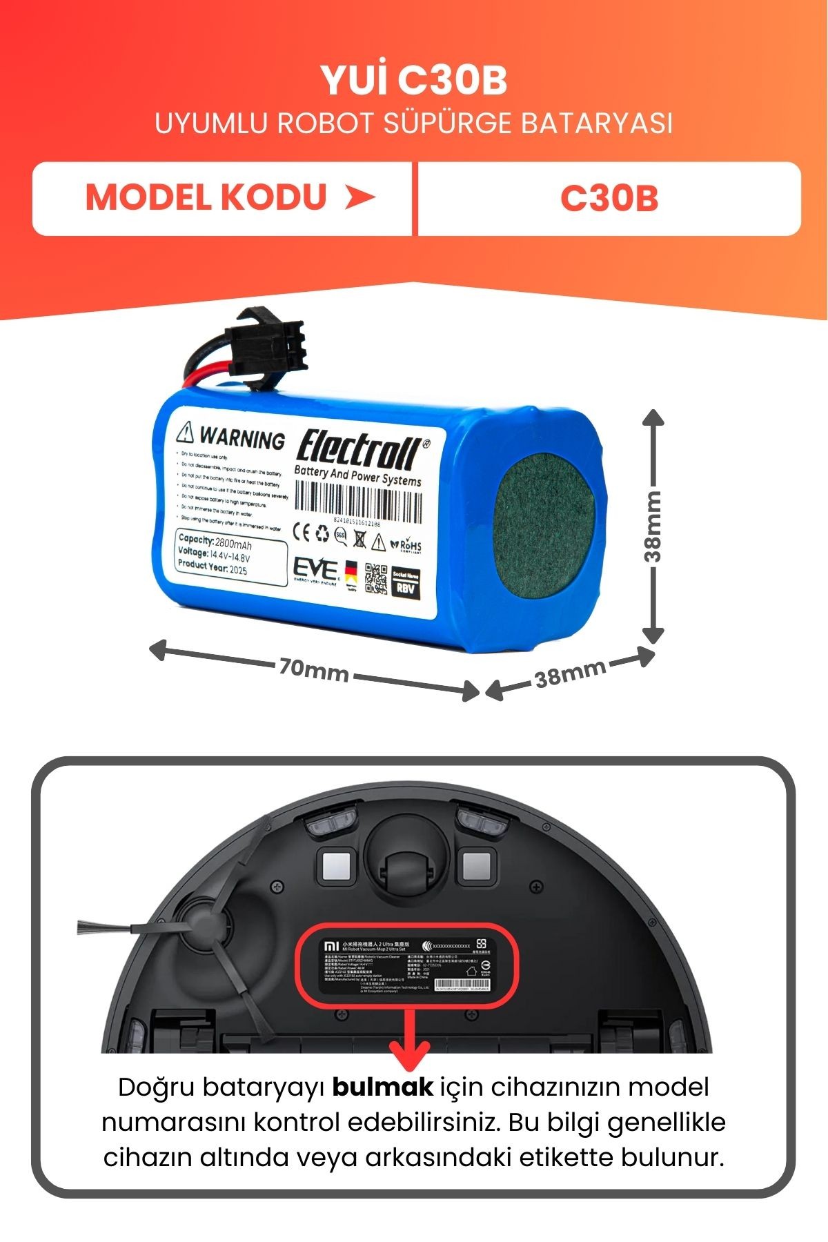 Yui C30B Batarya (YÜKSEK KAPASİTE) 2800mah Pil Akıllı Robot Süpürge Batarya Değişimi