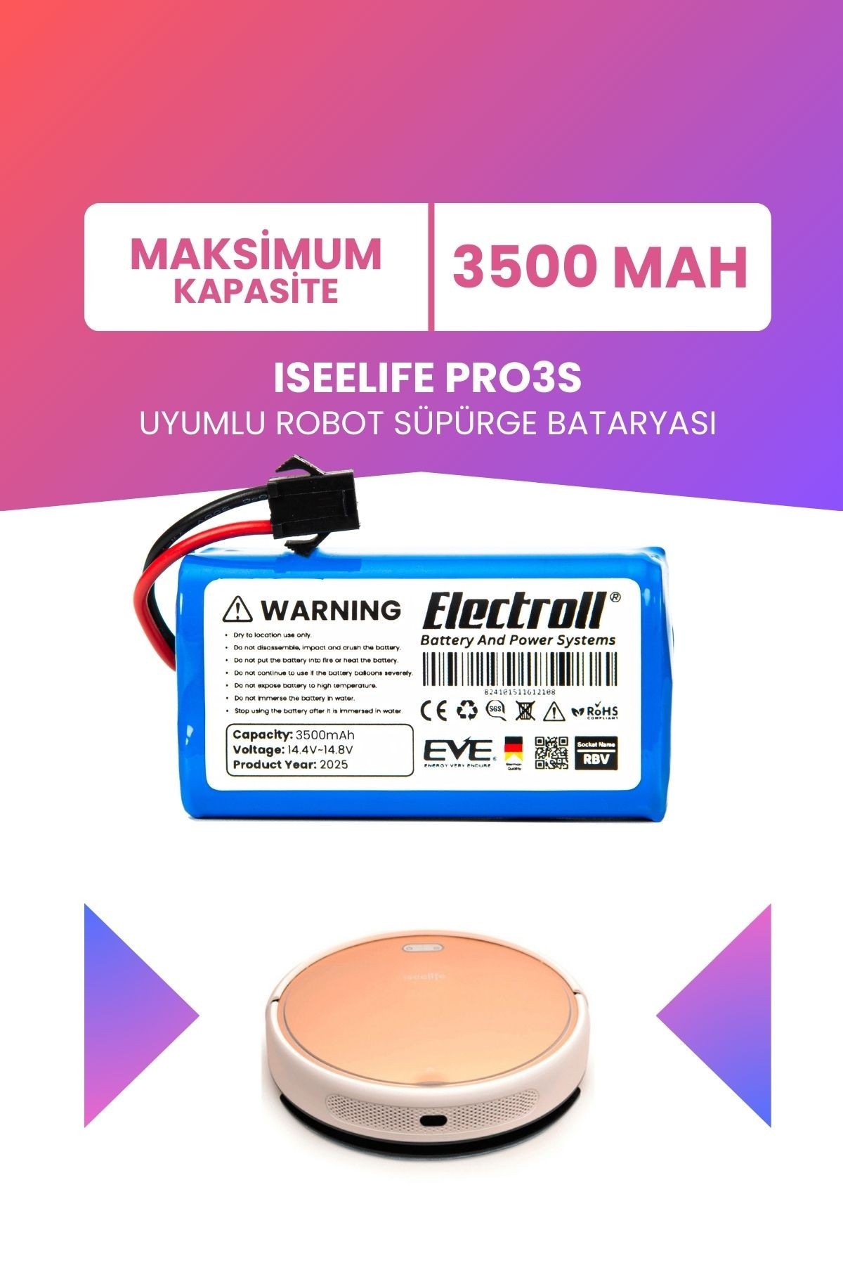 Iseelıfe Pro3s Uyumlu Batarya (MAKSİMUM KAPASİTE) 3500mah Pil Robot Süpürge Bataryası