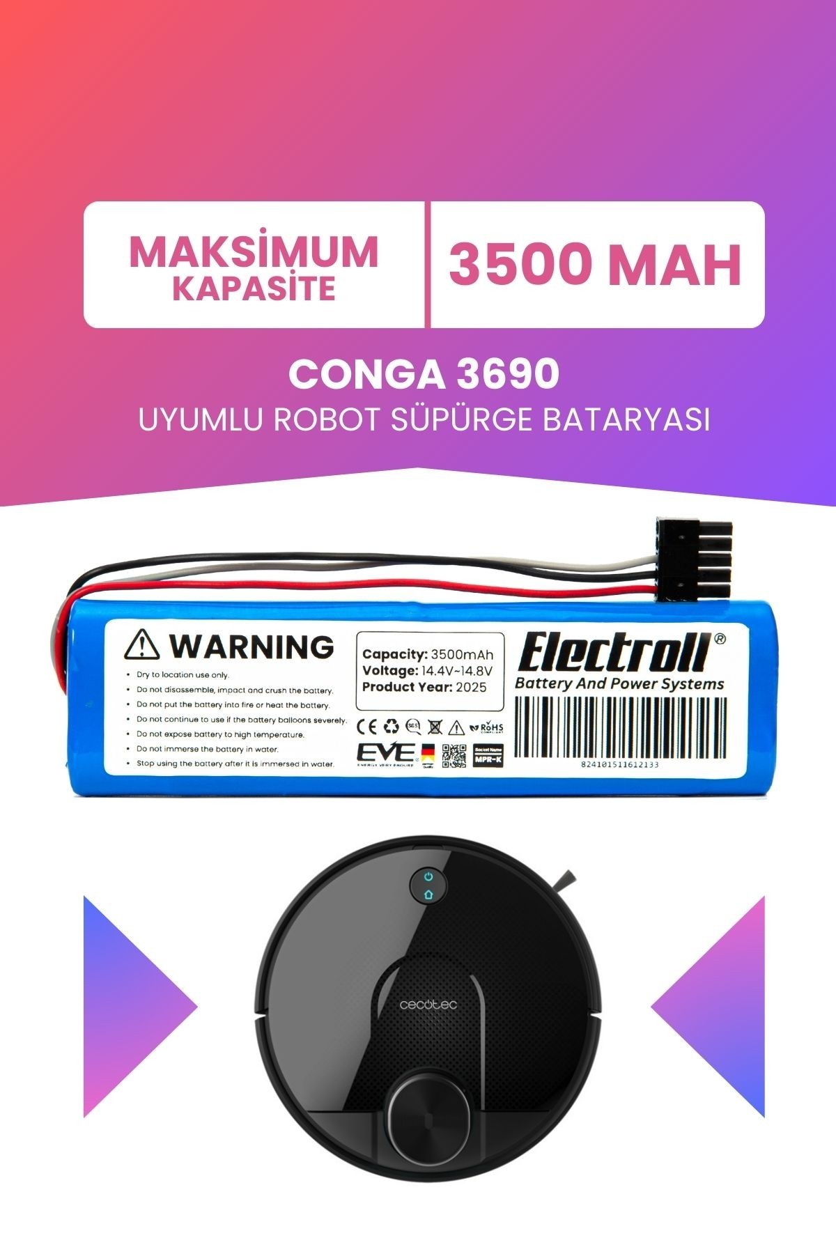 Conga 3690 Uyumlu Batarya (MAKSİMUM KAPASİTE) 3500mah Pil Robot Süpürge Bataryası Değişimi